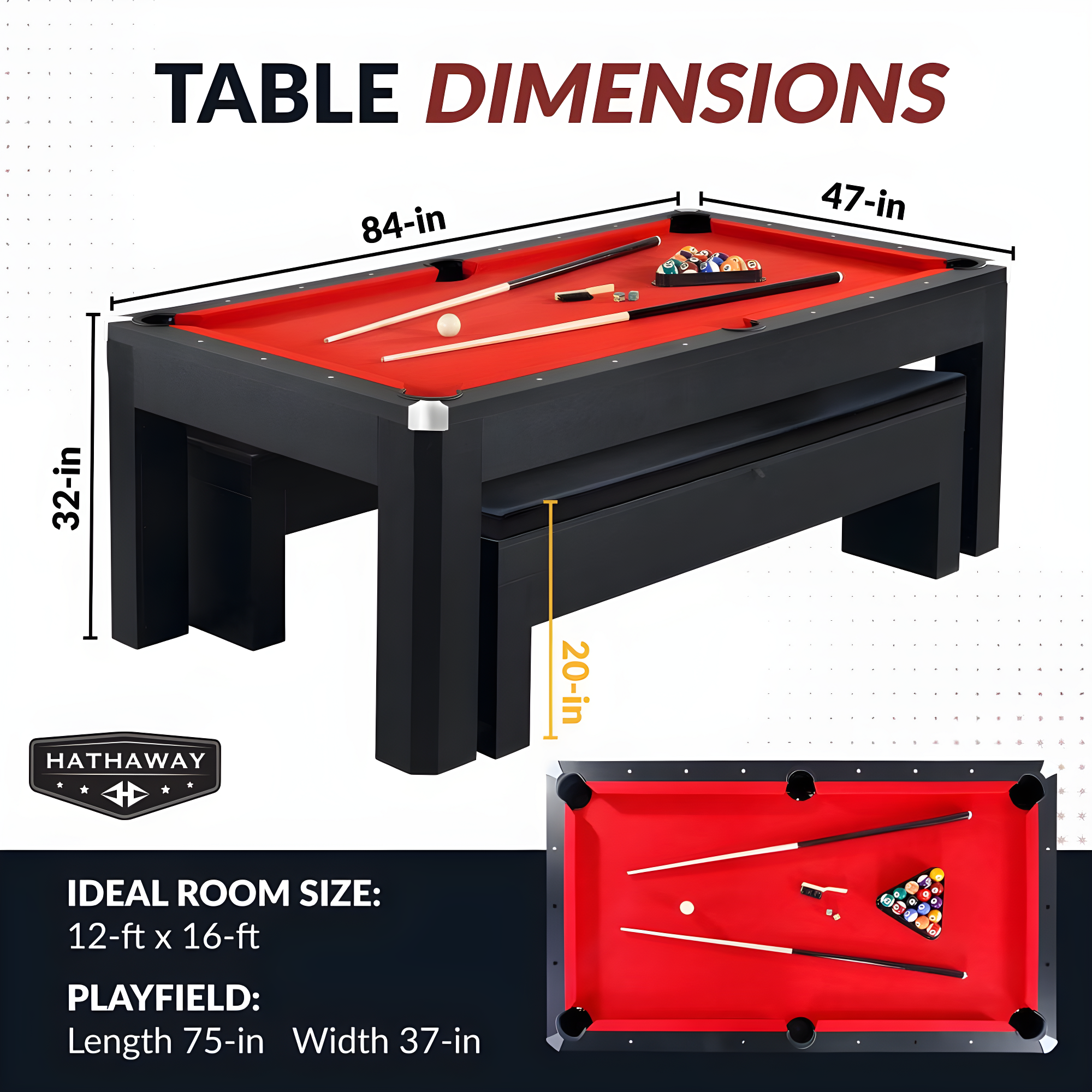 Hathaway Newport Stylish 7 Ft Multi Game Pool Table Combo with Dining Top and Ping Pong – Includes Benches for Home Storage and Accessories