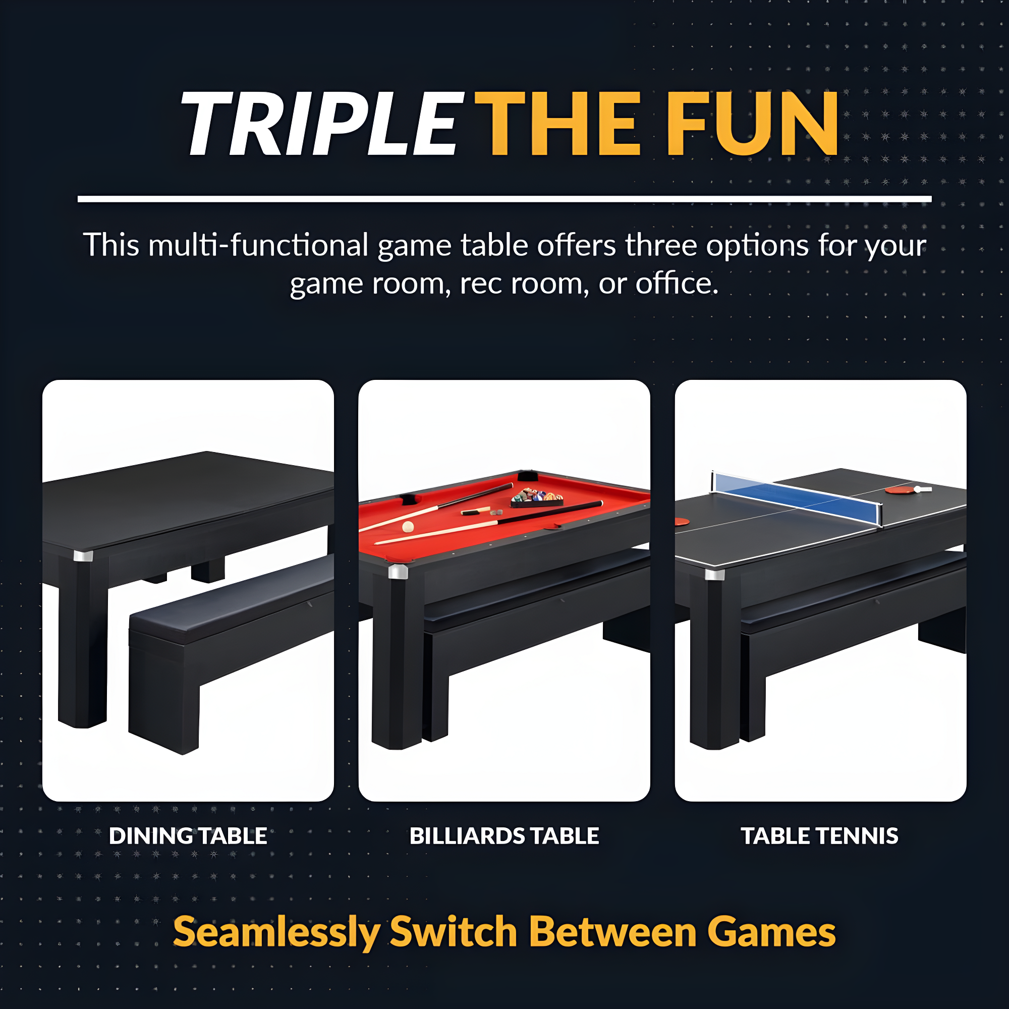 Hathaway Newport Stylish 7 Ft Multi Game Pool Table Combo with Dining Top and Ping Pong – Includes Benches for Home Storage and Accessories