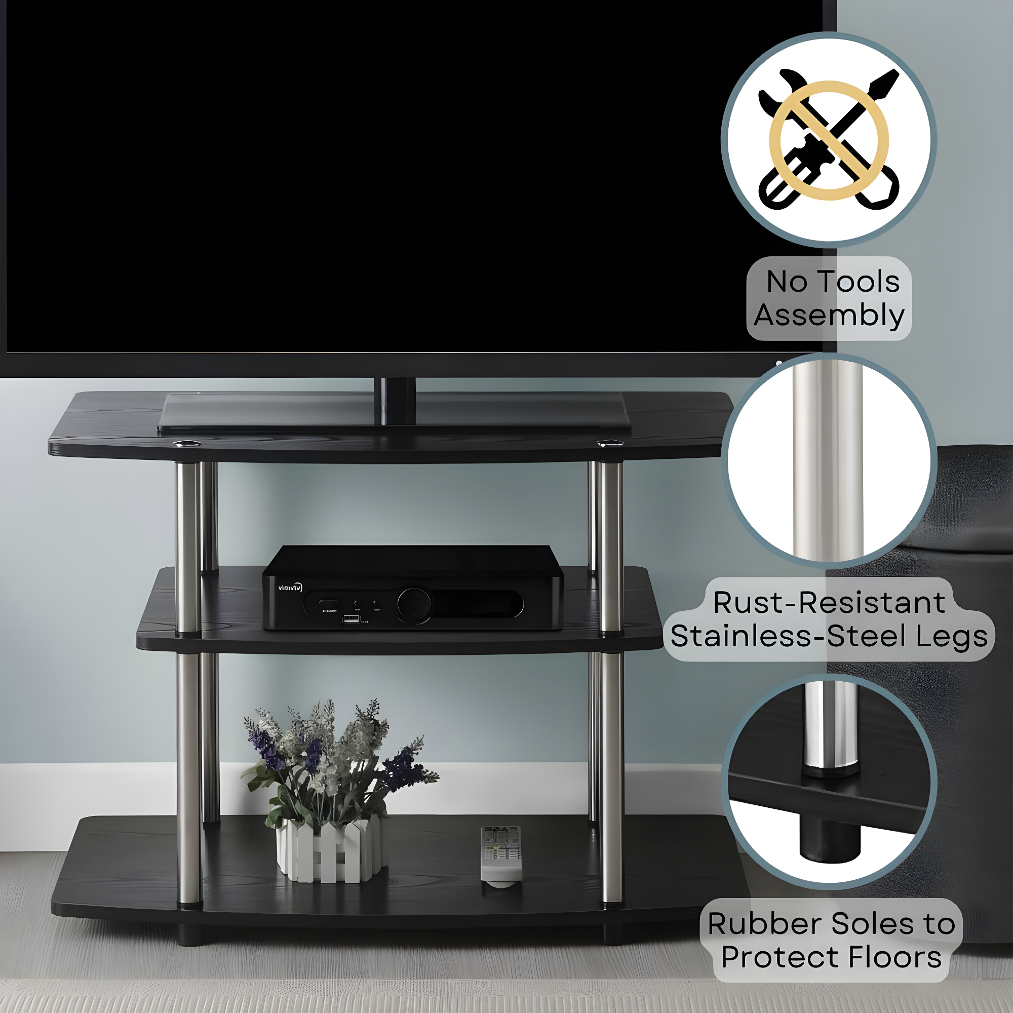 Convenience Concepts Designs2Go Three-Tier TV Stand in Black Wood Finish