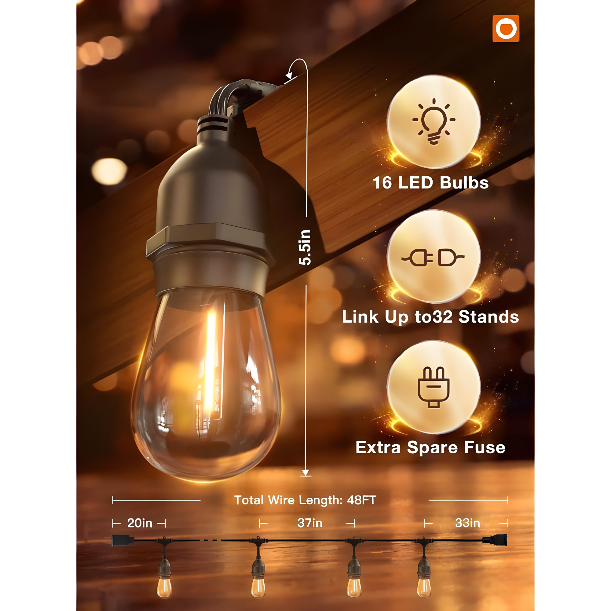 addlon 48 FT Outdoor String Lights Commercial Grade Weatherproof Strand, 18 Edison Vintage Bulbs, 15 Hanging Sockets (3 Spare Bulbs), ETL Listed Heavy-Duty Decorative Christmas Lights for Patio Garden