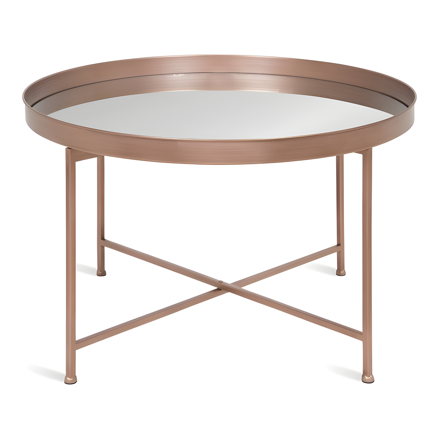 Kate and Laurel Celia Round Metal Foldable Coffee Table with Mirrored Tray Top, Rose Gold