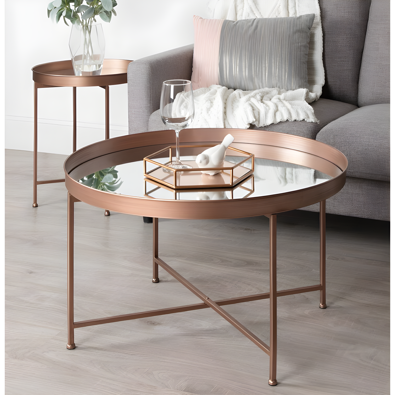 Kate and Laurel Celia Round Metal Foldable Coffee Table with Mirrored Tray Top, Rose Gold