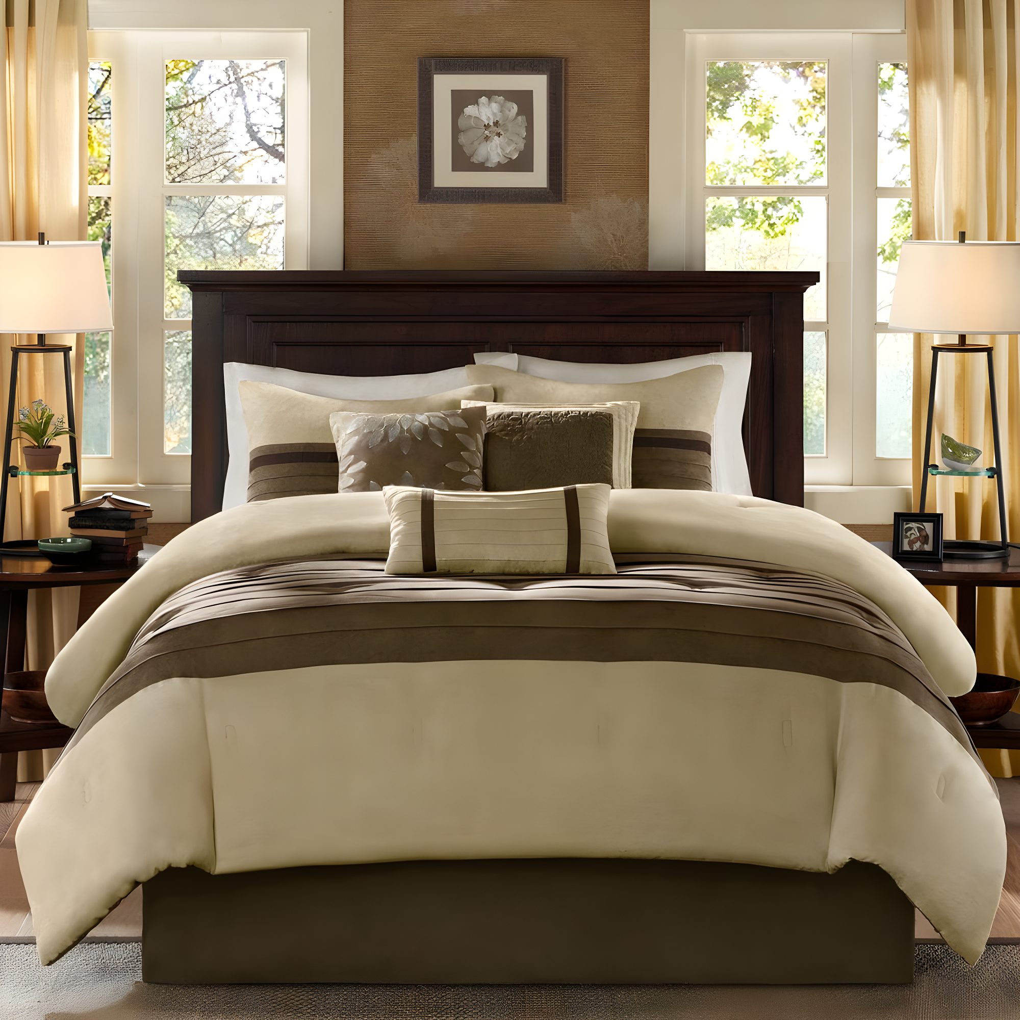 7pc Queen Dakota Microsuede Comforter Set Brown/Cream: Madison Park, Hypoallergenic, Farmhouse Style
