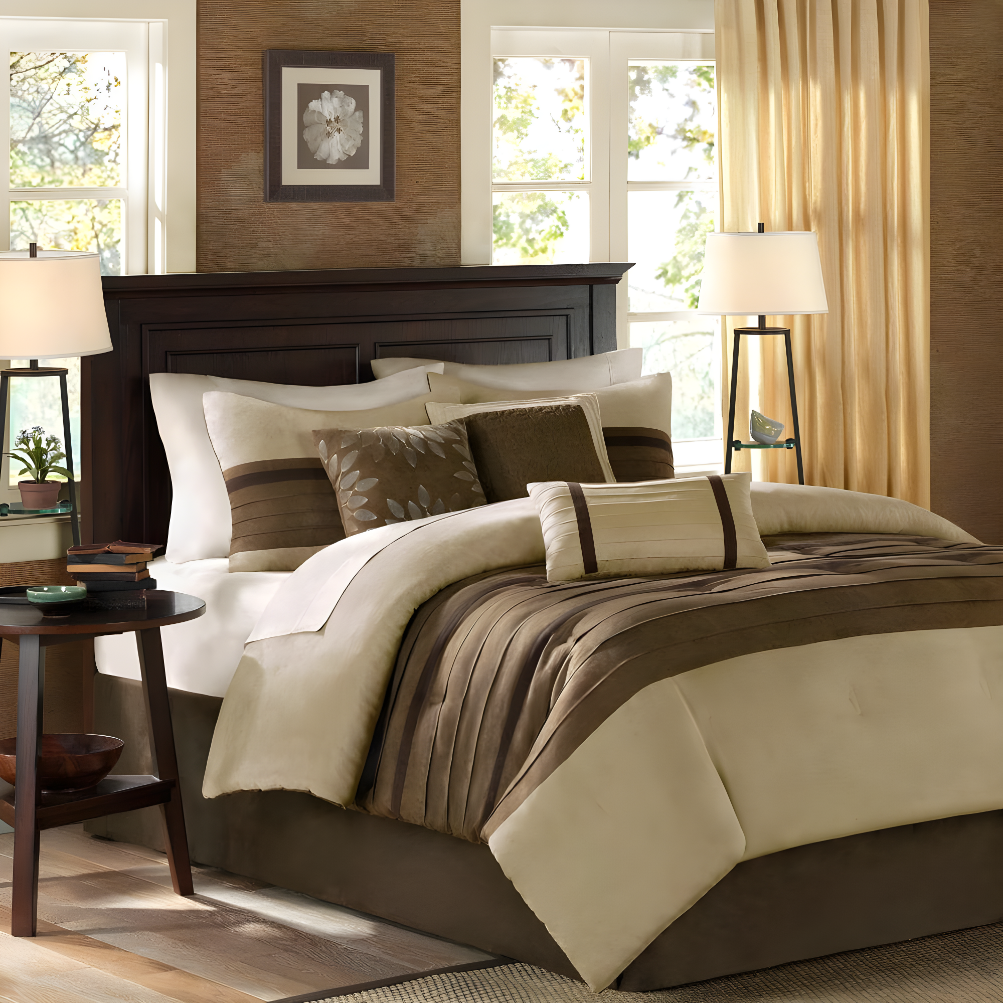 7pc Queen Dakota Microsuede Comforter Set Brown/Cream: Madison Park, Hypoallergenic, Farmhouse Style