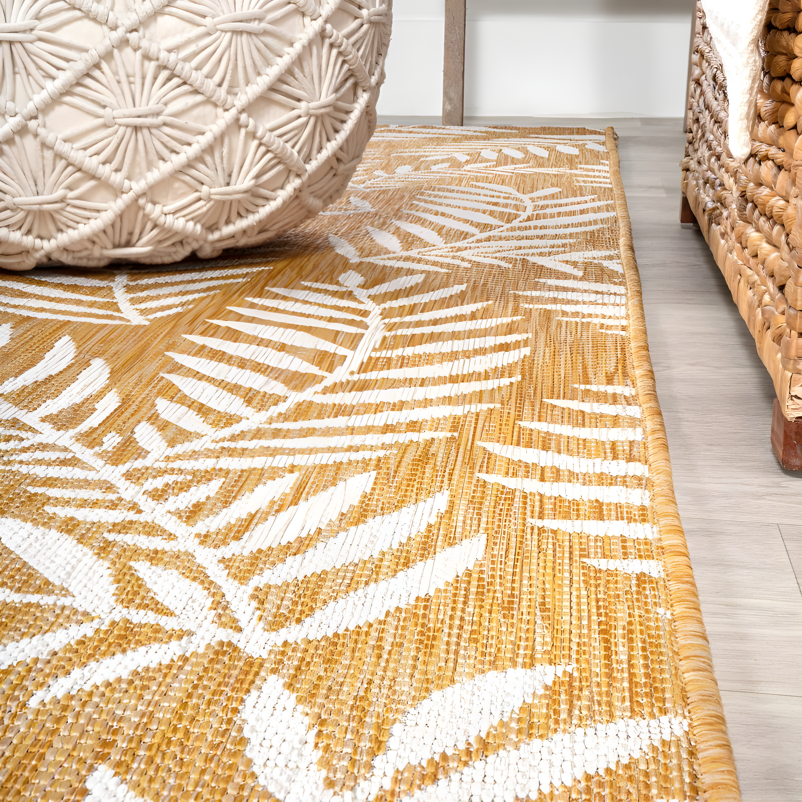 2' x 10' Nevis Palm Frond Indoor/Outdoor Runner Rug, Yellow/Cream - JONATHAN Y