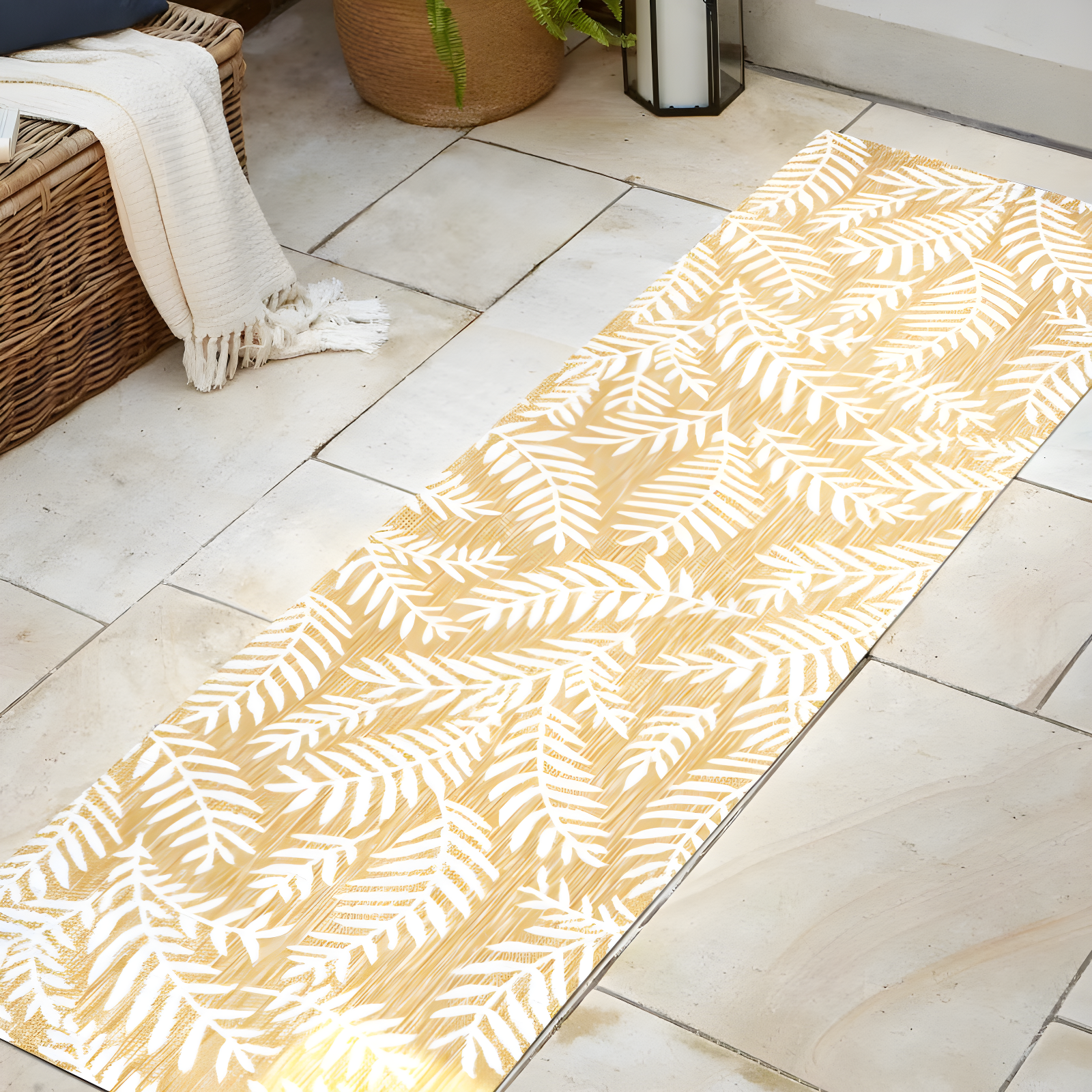 2' x 10' Nevis Palm Frond Indoor/Outdoor Runner Rug, Yellow/Cream - JONATHAN Y