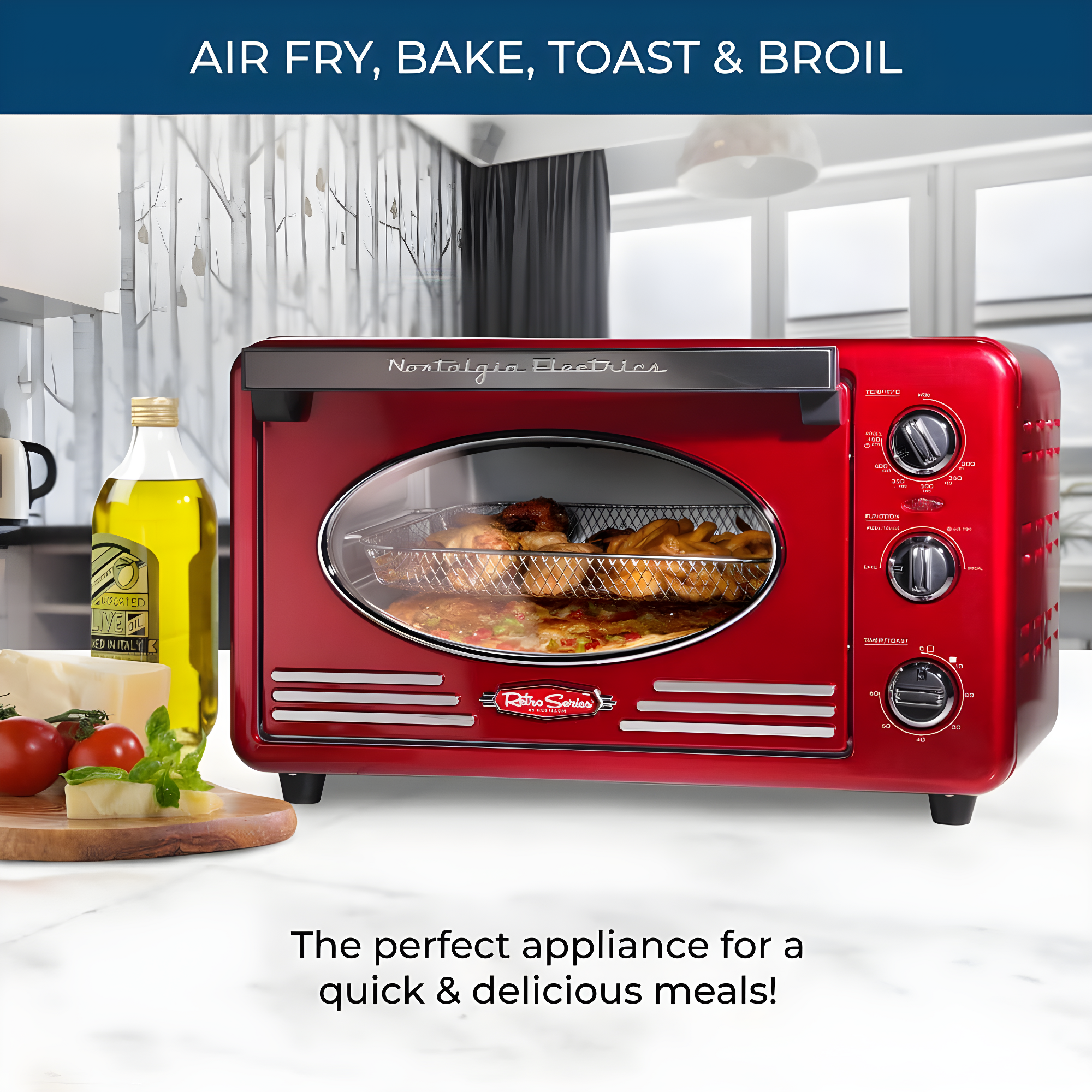 Nostalgia Nostalgia Large-Capacity 0.7-Cu. Ft. Capacity Multi-Functioning Retro Air Fryer Toaster Oven, Fits 12 Slices of Bread and Two 12-Inch Pizzas, Built In Timer, Includes Baking Pan, Wire Racks and Crumb Tray