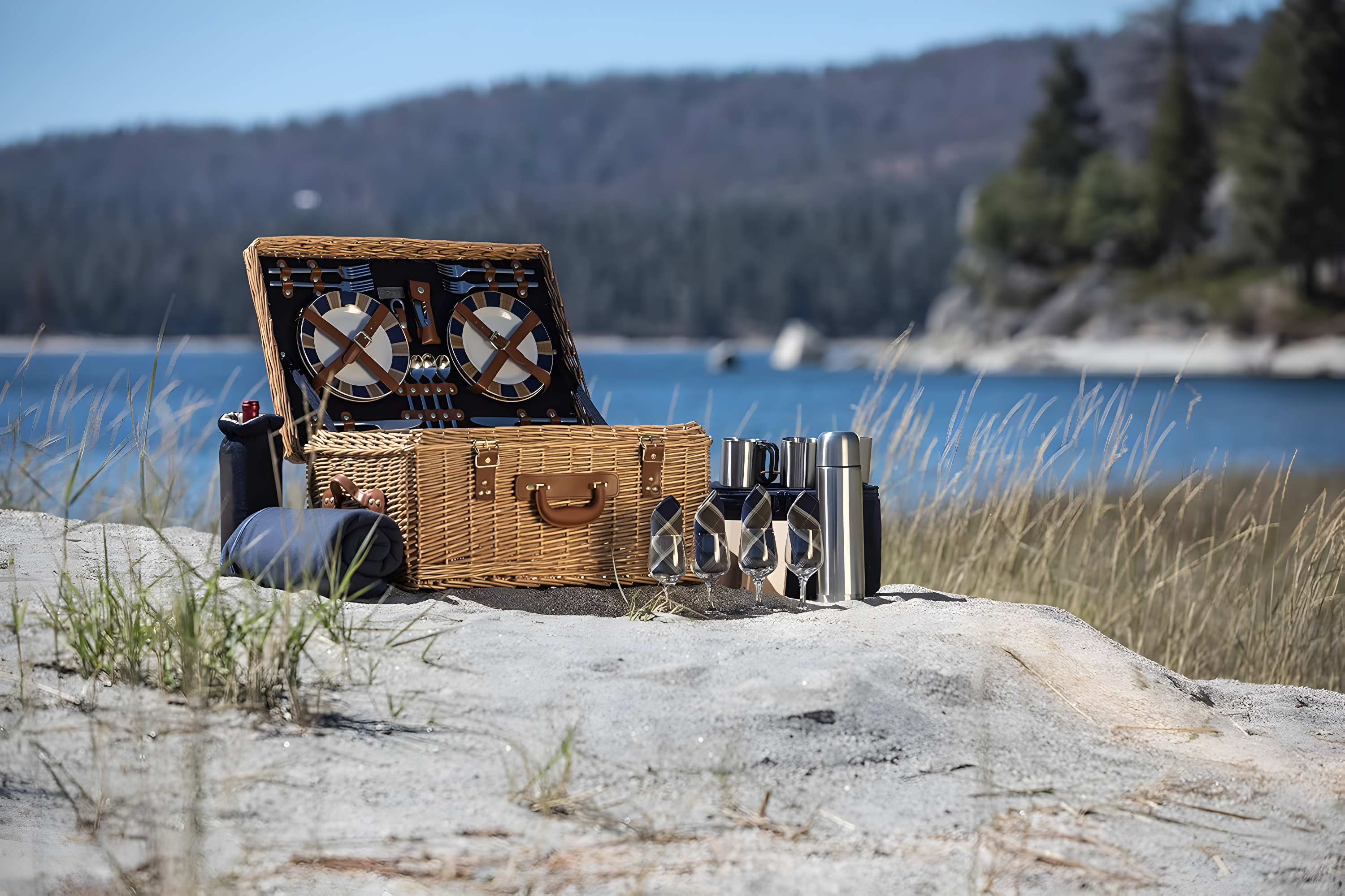 Picnic Time Windsor Luxury Large Wicker Picnic Basket with Picnic