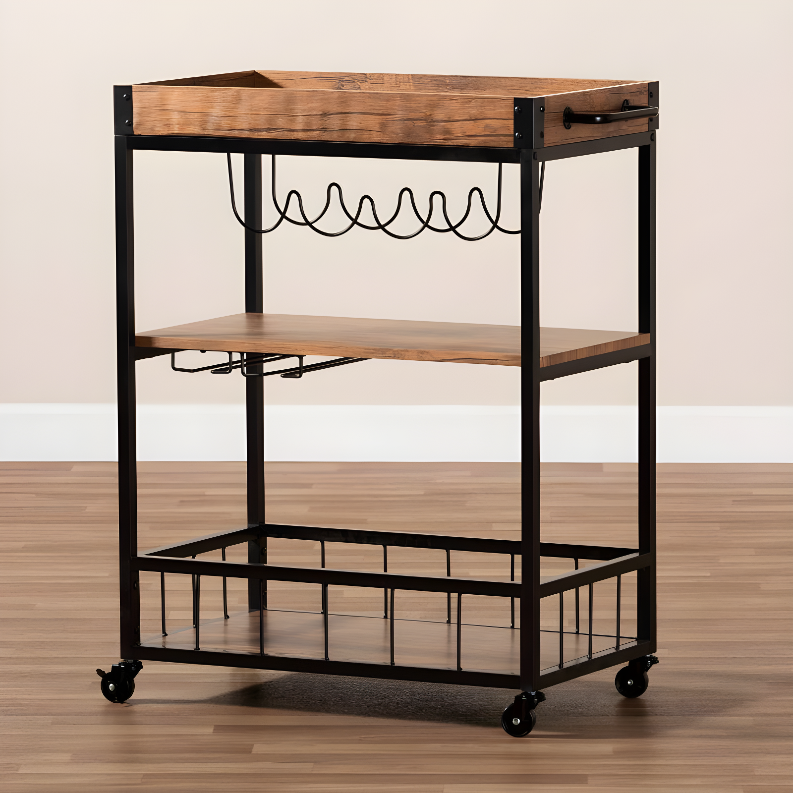 Cerne Oak and Finished Mobile Metal Bar Cart with Wine Bottle Rack Brown - Baxton Studio