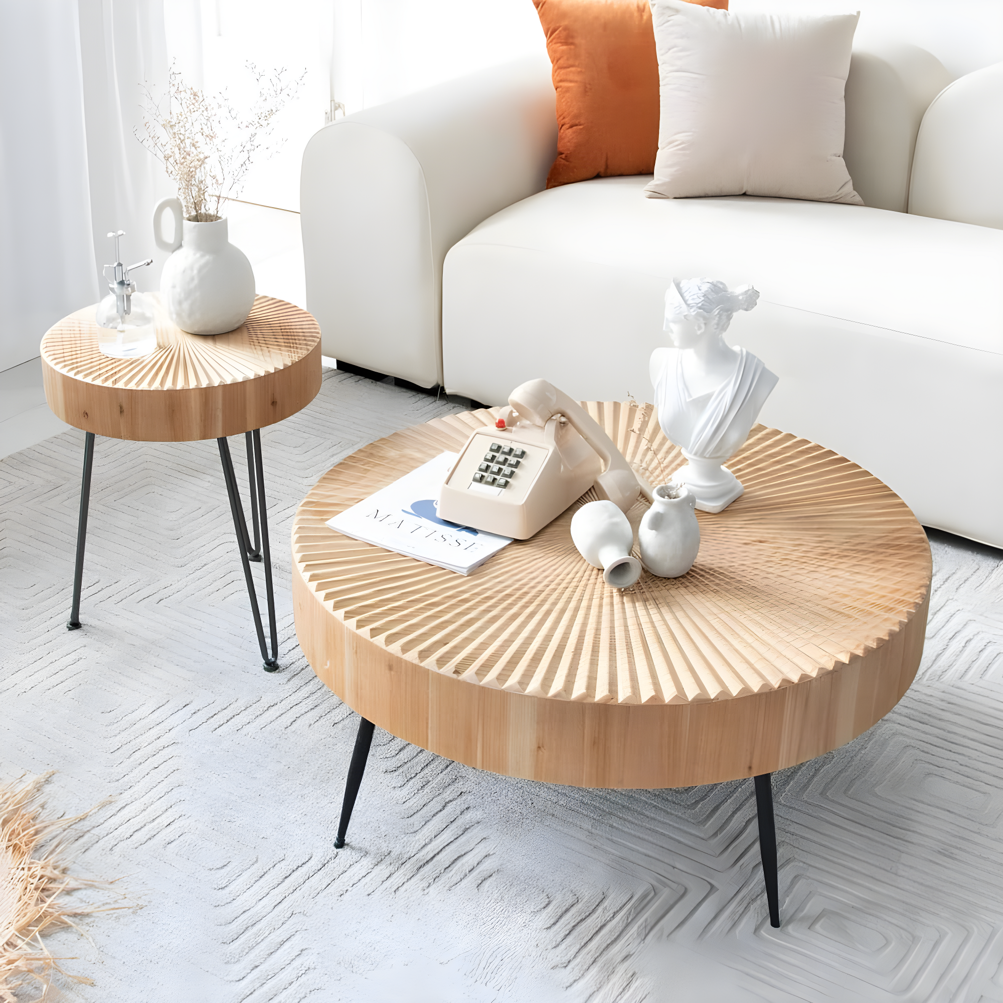 COZAYH 2-Piece Modern Farmhouse Living Room Coffee Table Set, Nesting Table Round Natural Finish with Handcrafted Wood, Radial Pattern