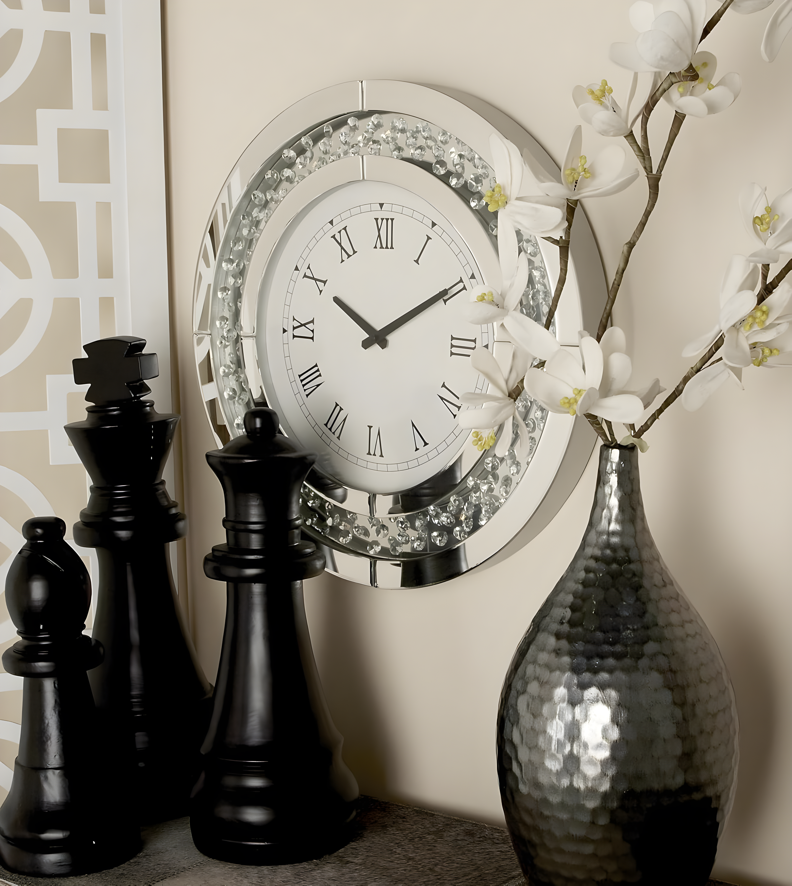 Rosdorf Park Ansonia Glass Mirrored Decorative White Wall Clock with Floating Crystals