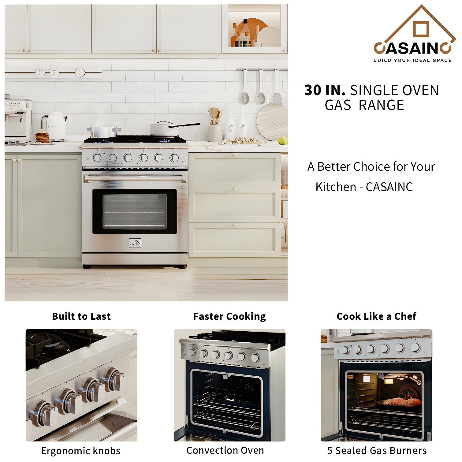 CASAINC CASAINC 30" 4.55 Cubic Feet Smart Natural Gas Freestanding Convection Range CA-HXJ300R