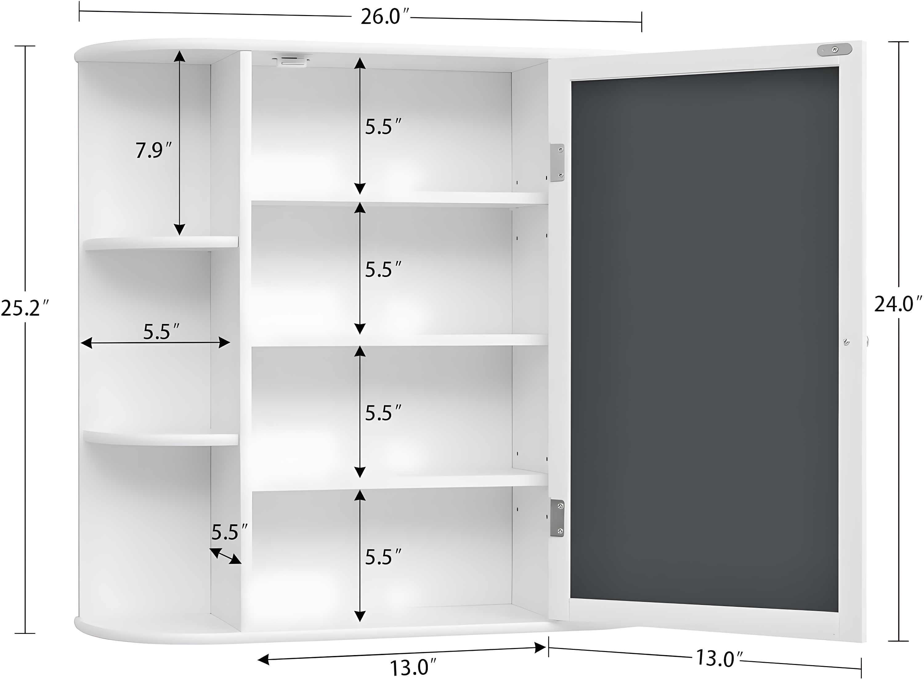 Wall Mounted Cabinet, Wood Hanging Cabinet with Doors and 6 Open Shelves for Placing Towels, Bathroom Wall Mirror Cabinet, White