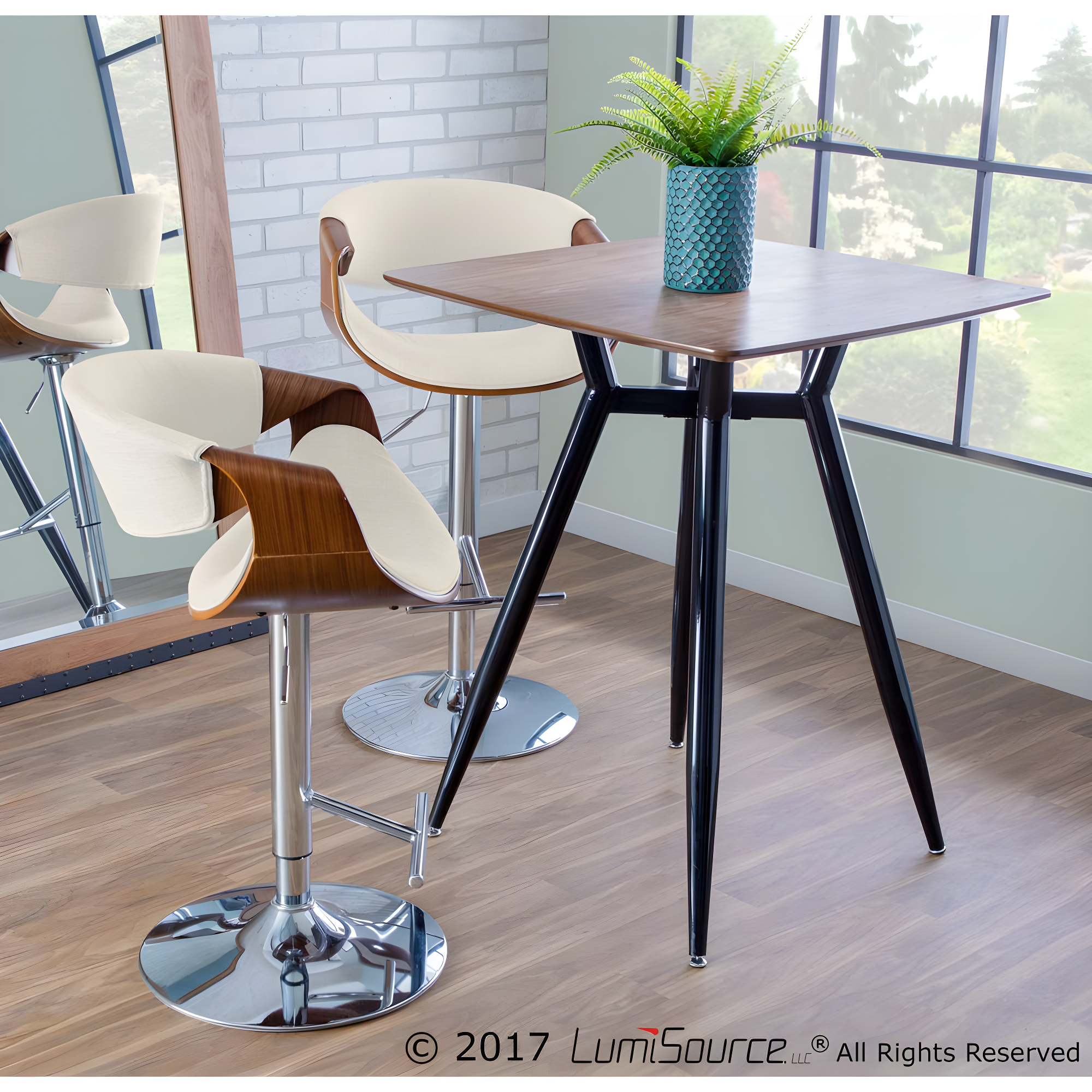 Curvo Mid-Century Modern Adjustable Barstool with Swivel in Walnut and Cream by LumiSource