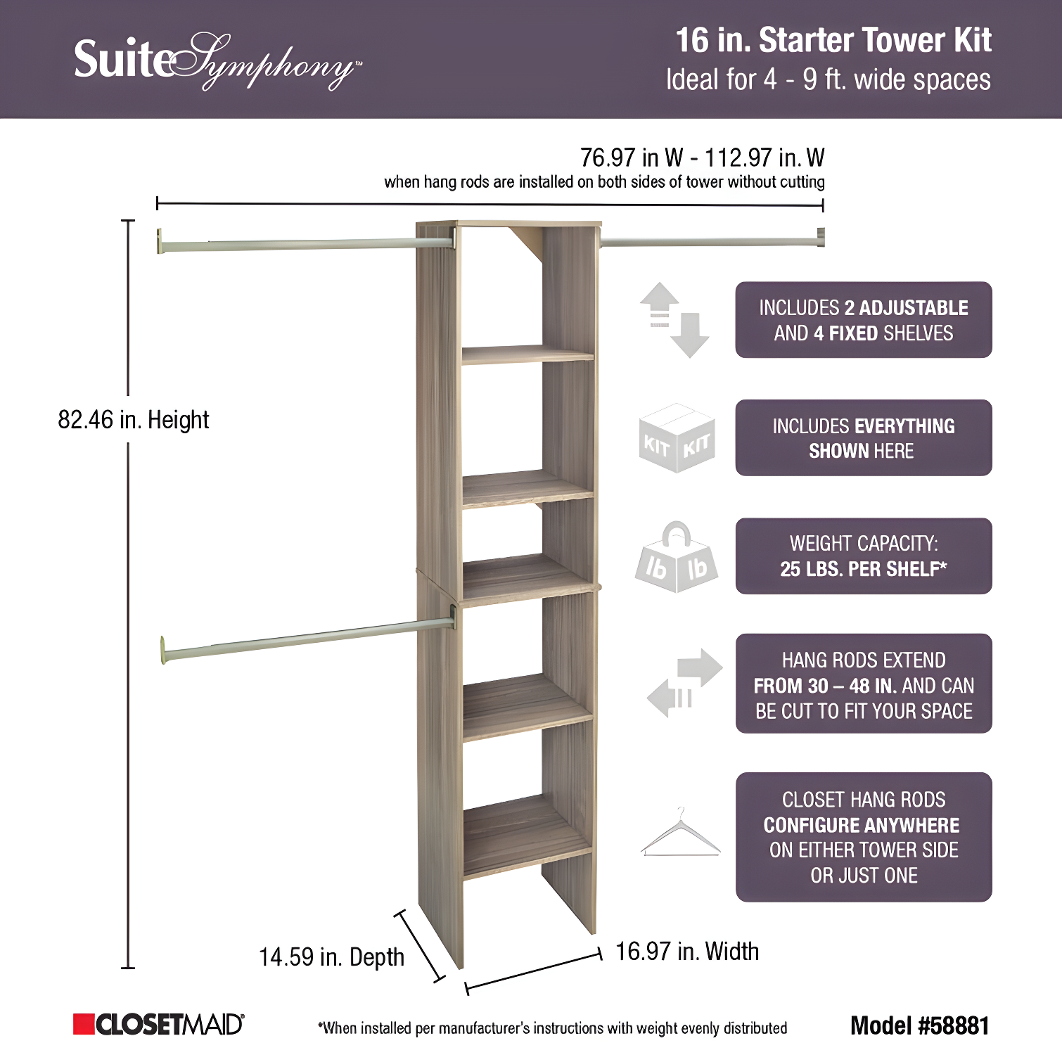 SuiteSymphony 77" to 113" Closet System Starter Kit