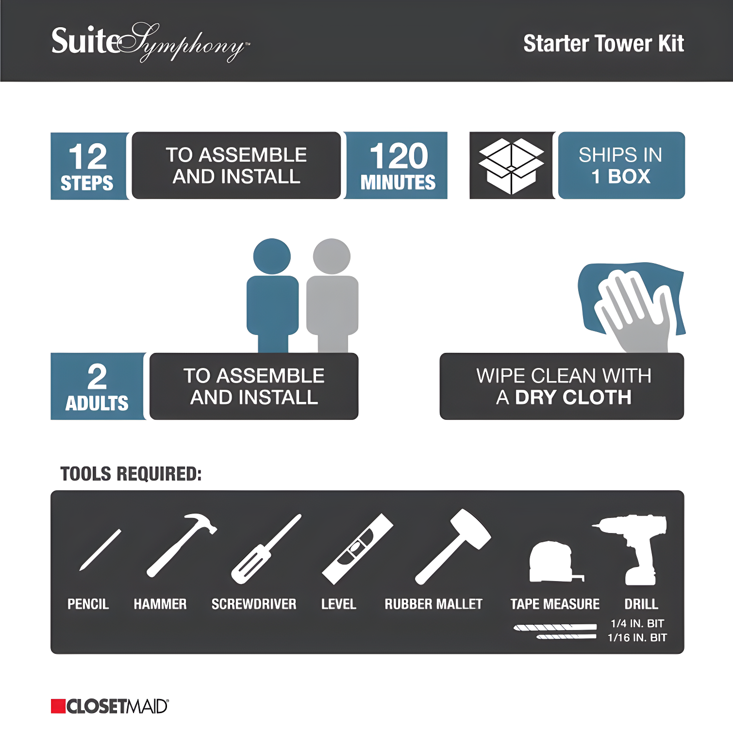SuiteSymphony 77" to 113" Closet System Starter Kit