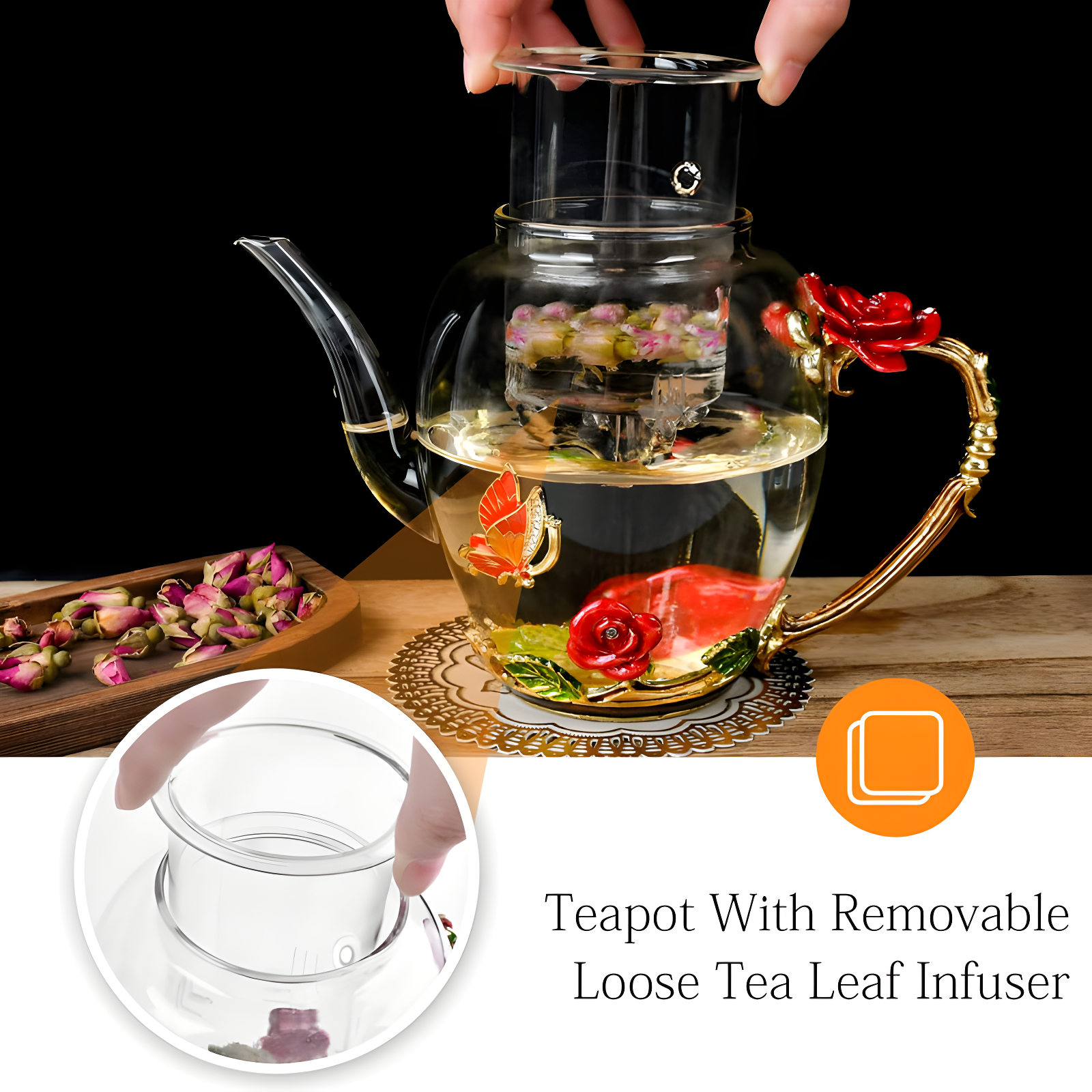 House of Hampton® Enamel Glass Flower Tea Pot With Removable Loose Tea Leaf Infuser Tea Maker Teapot Set 30.4OZ Gifts For Women,Mom,Birthday