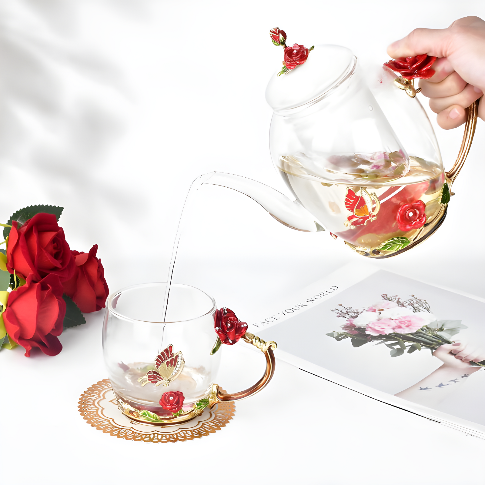 House of Hampton® Enamel Glass Flower Tea Pot With Removable Loose Tea Leaf Infuser Tea Maker Teapot Set 30.4OZ Gifts For Women,Mom,Birthday