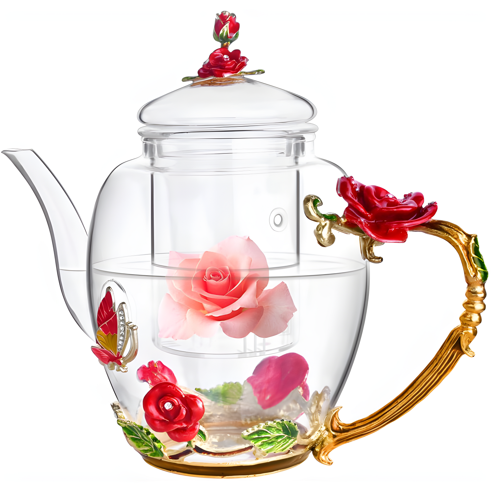 House of Hampton® Enamel Glass Flower Tea Pot With Removable Loose Tea Leaf Infuser Tea Maker Teapot Set 30.4OZ Gifts For Women,Mom,Birthday