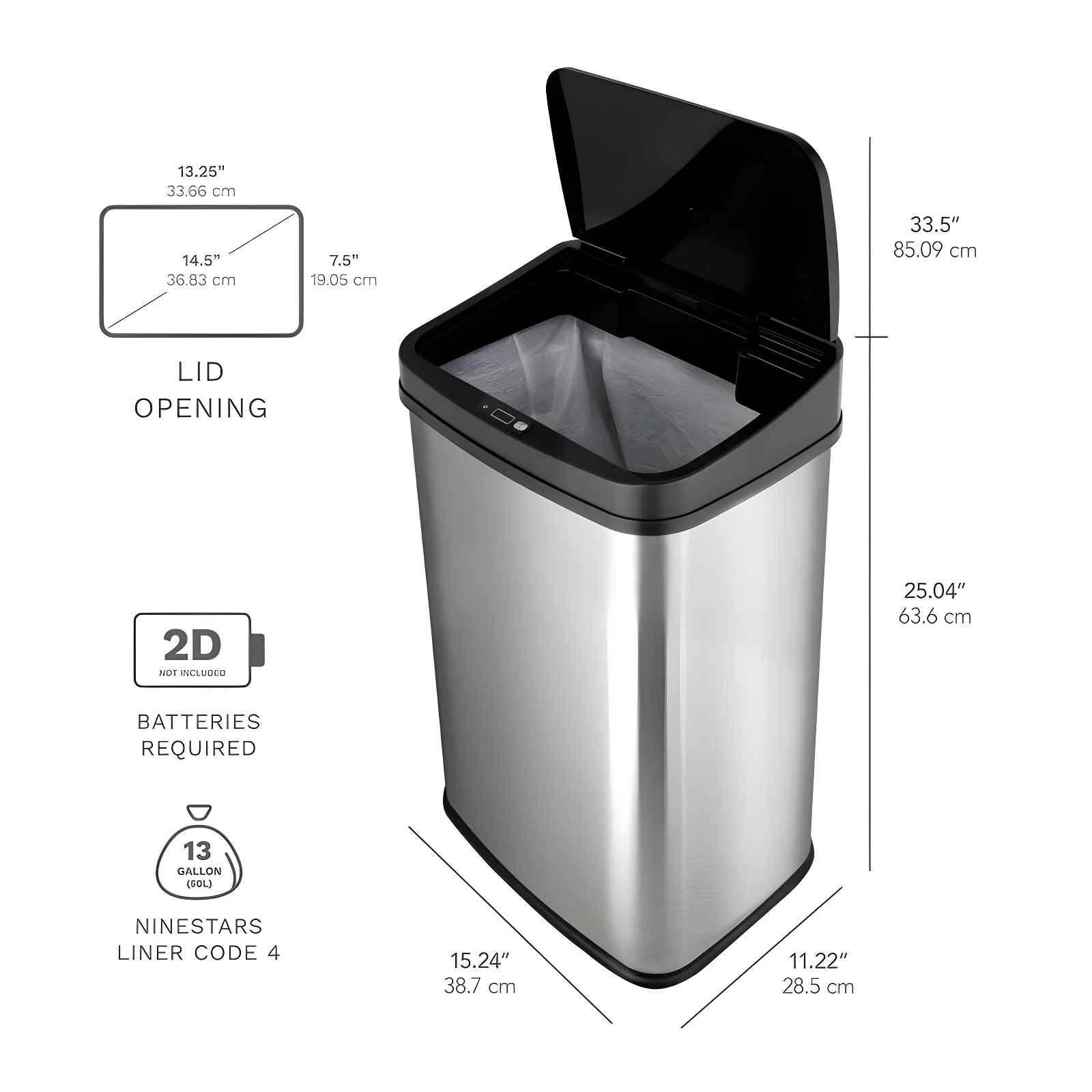 Nine Stars 13gal Motion Sensor Rectangular Shape Stainless Steel Trash Can Silver/Black