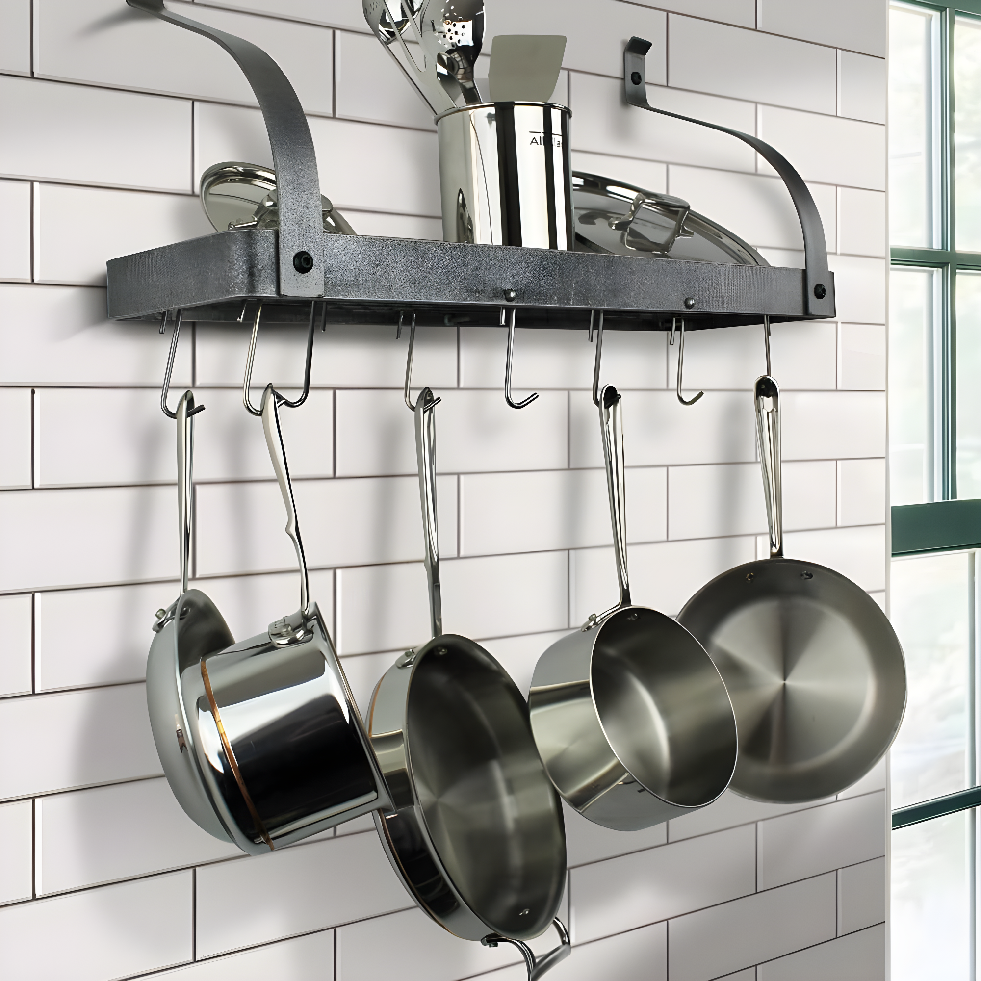 Handcrafted Gourmet Bookshelf Wall Rack with Curved Arms & 12 Hooks