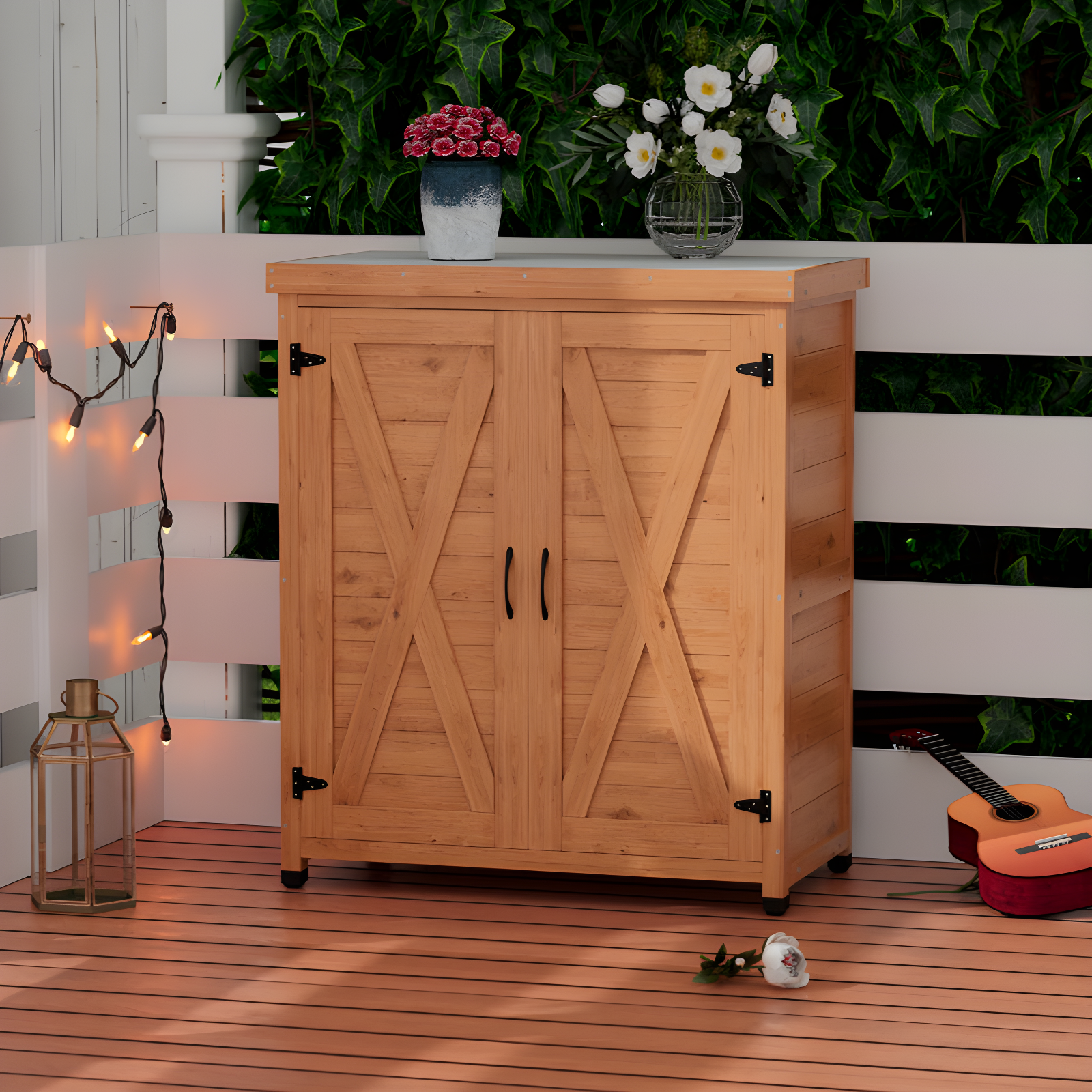 Potting Bench With Storage Cabinet And Metal Table Top For Outdoor Patio,Outdoor Work Station Table