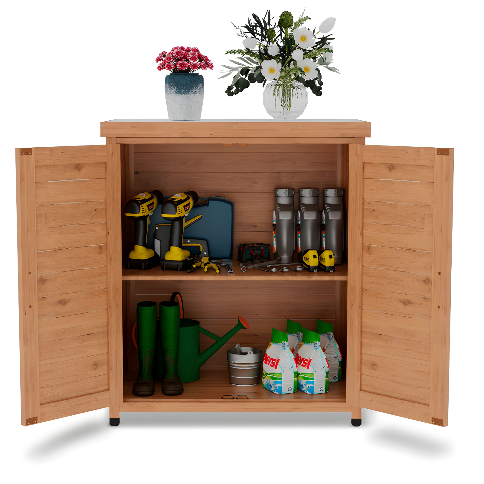 Potting Bench With Storage Cabinet And Metal Table Top For Outdoor Patio,Outdoor Work Station Table