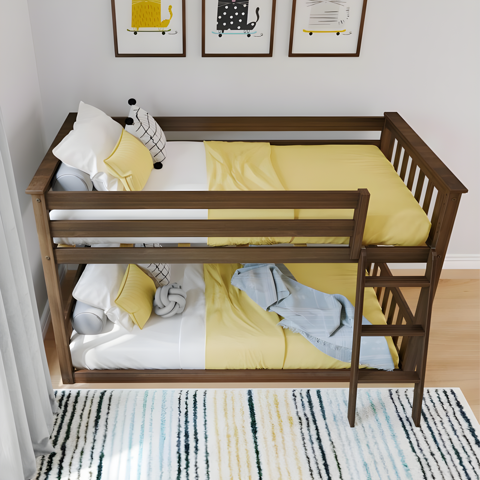 Max & Lily Twin over Twin Bunk Bed for Kids, Solid Wood Low Bunk Beds with Ladder, Walnut