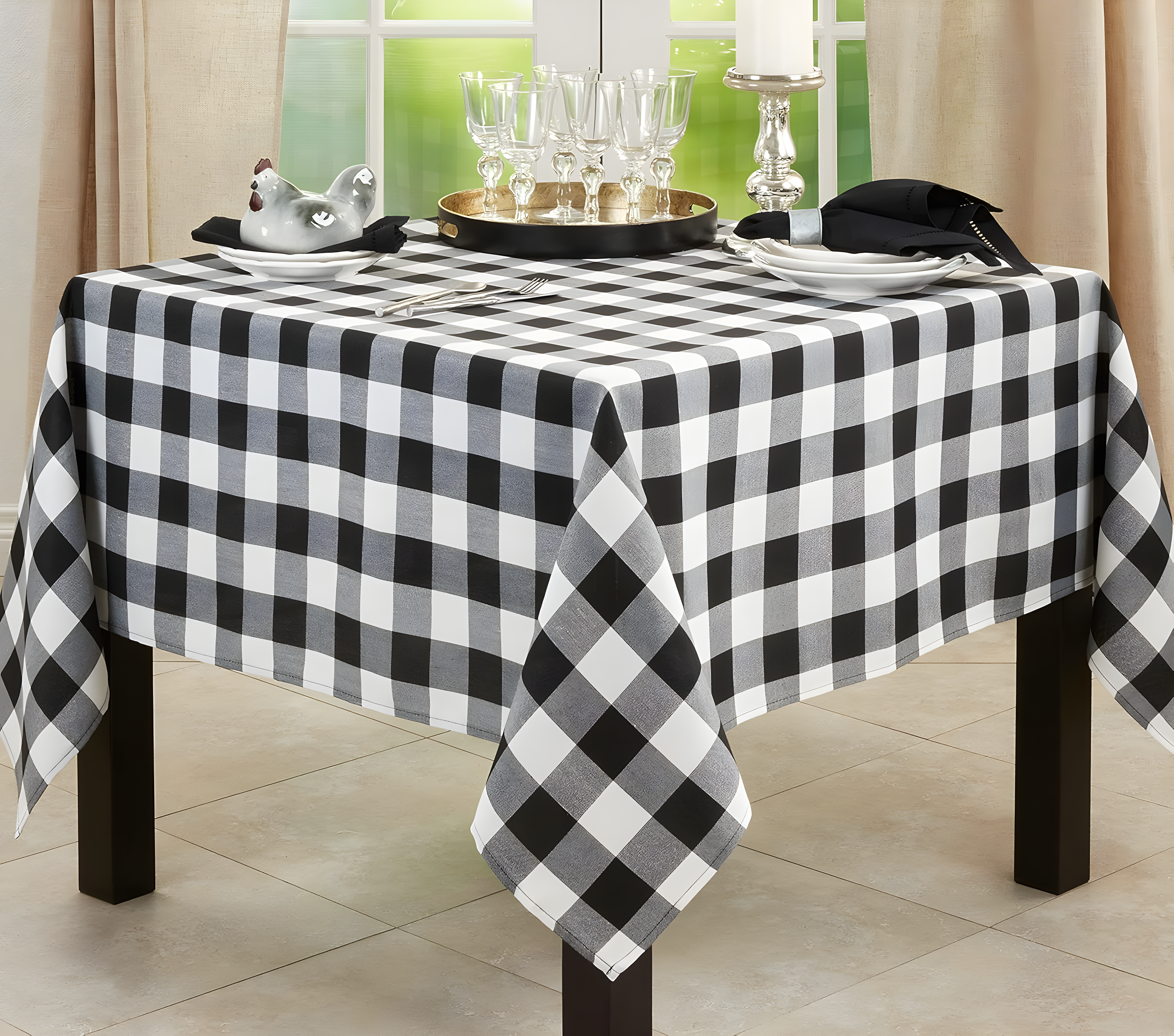 Saro Lifestyle Buffalo Plaid Cotton Blend Tablecloth, Black, 70" x 70"