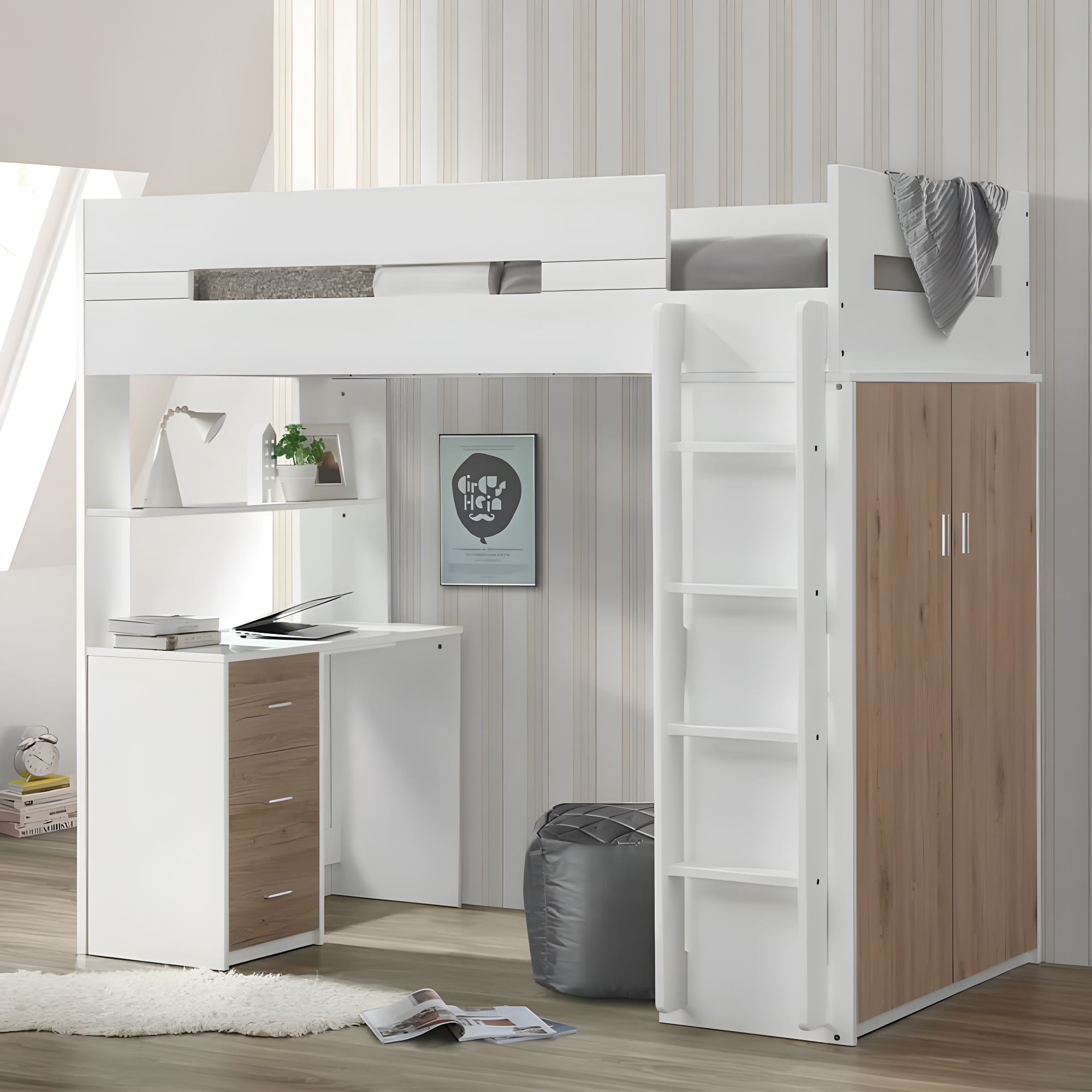 ACME Nerice Twin Loft Bed with Desk and Wardrobe in White, Multiple Colors