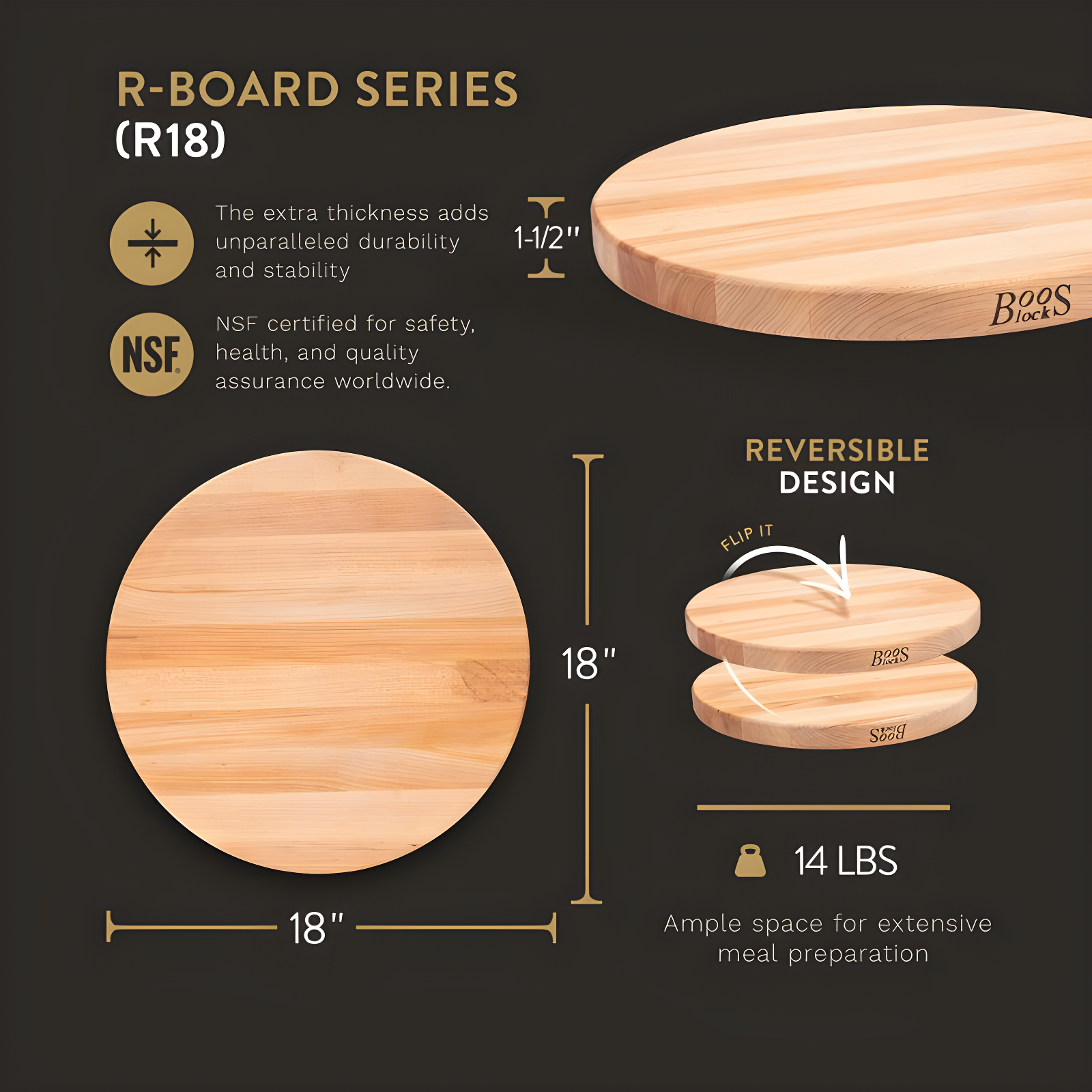 John Boos John Boos 18" Round Cutting Board, 1.5" Edge Grain