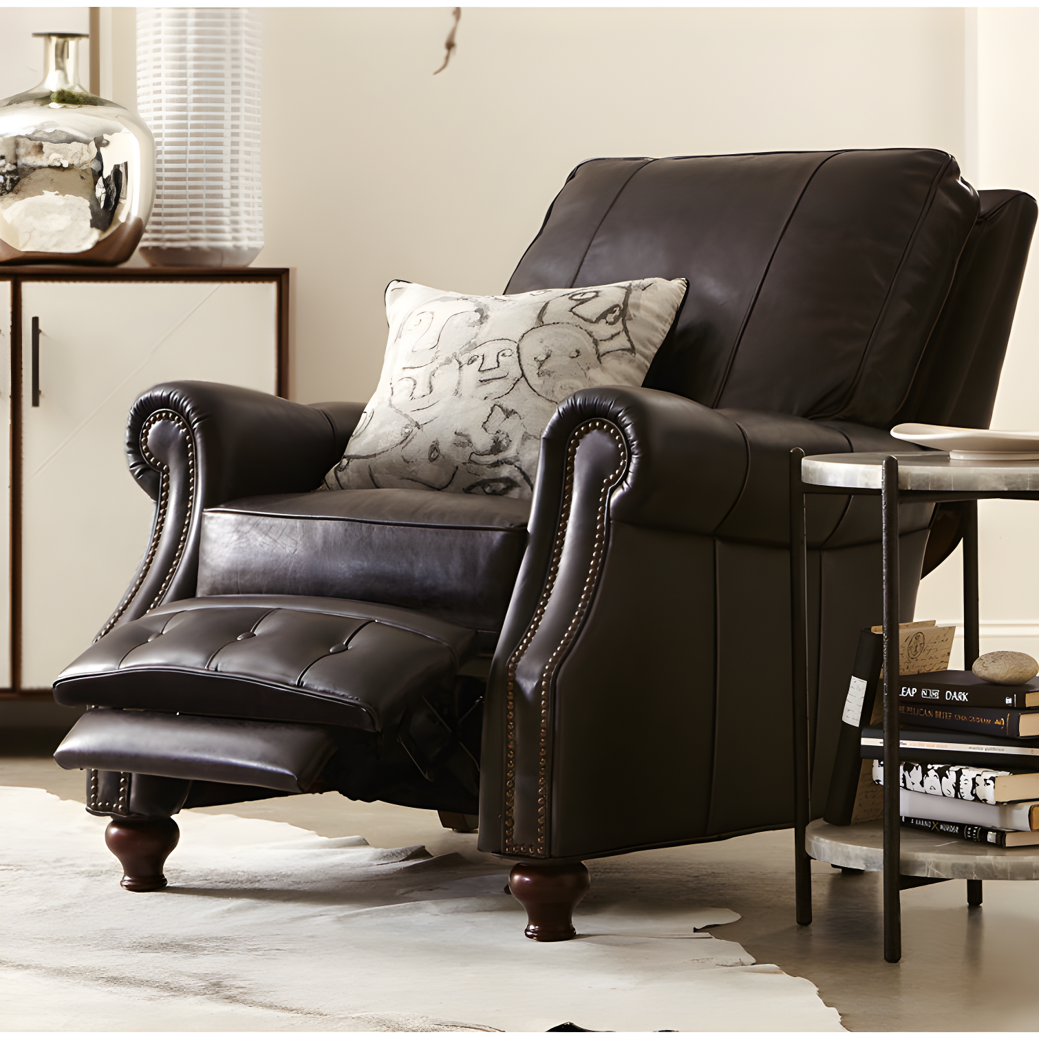 Old Saddle Cocoa Genuine Leather Recliner with Nailhead Trim