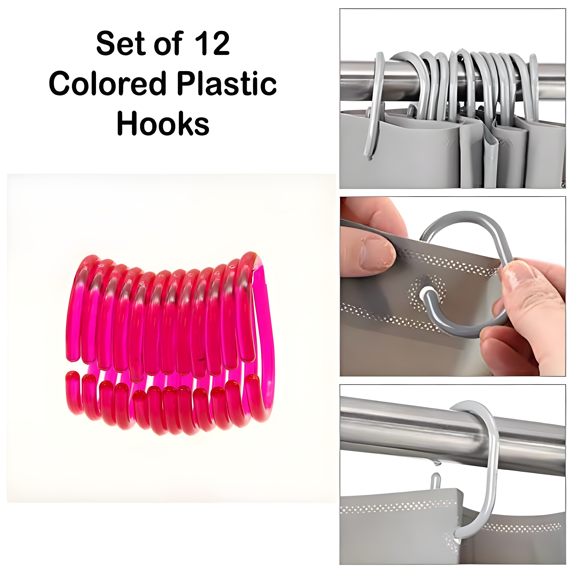 Evideco Solid Plastic Shower Curtain Hooks Rings (Set of 12)
