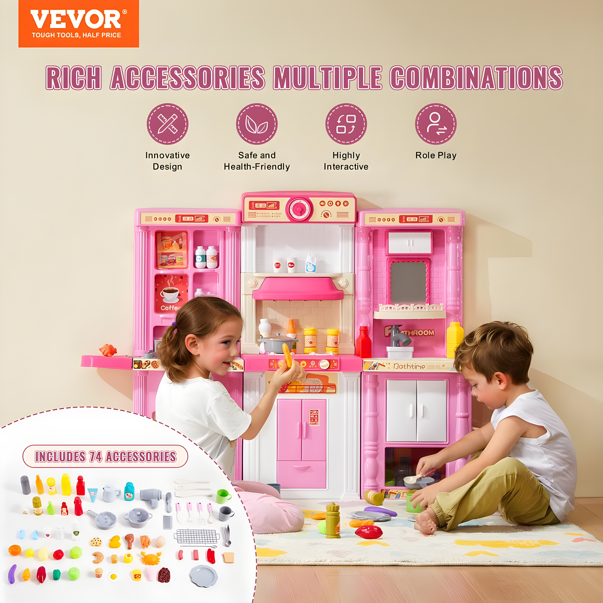 Zoomie Kids Kitchen Playset Kids Pretend Cooking Play Toy 74 Piece Accessories