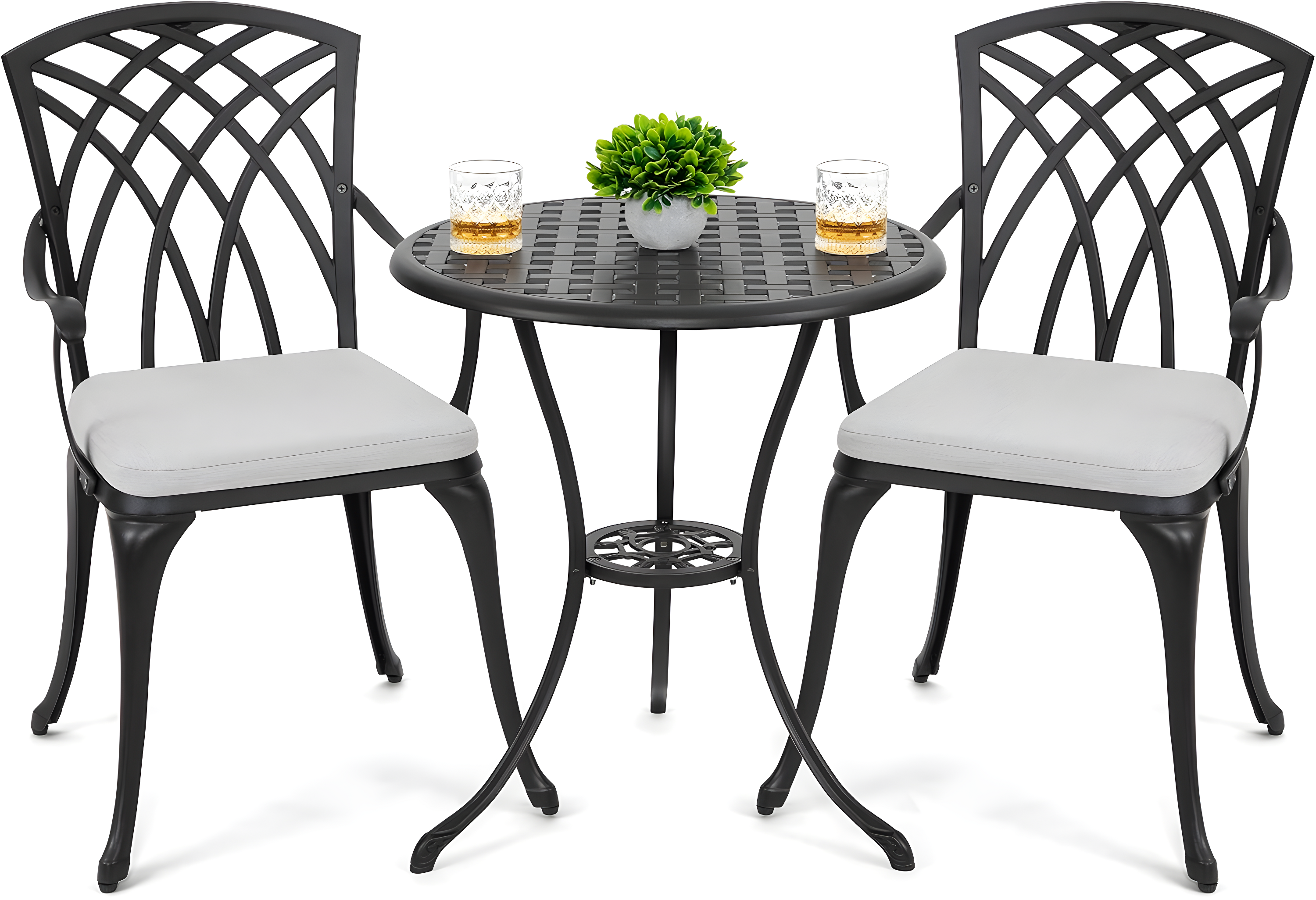 Black Cast Aluminum 3-Piece Bistro Set with Grey Cushions