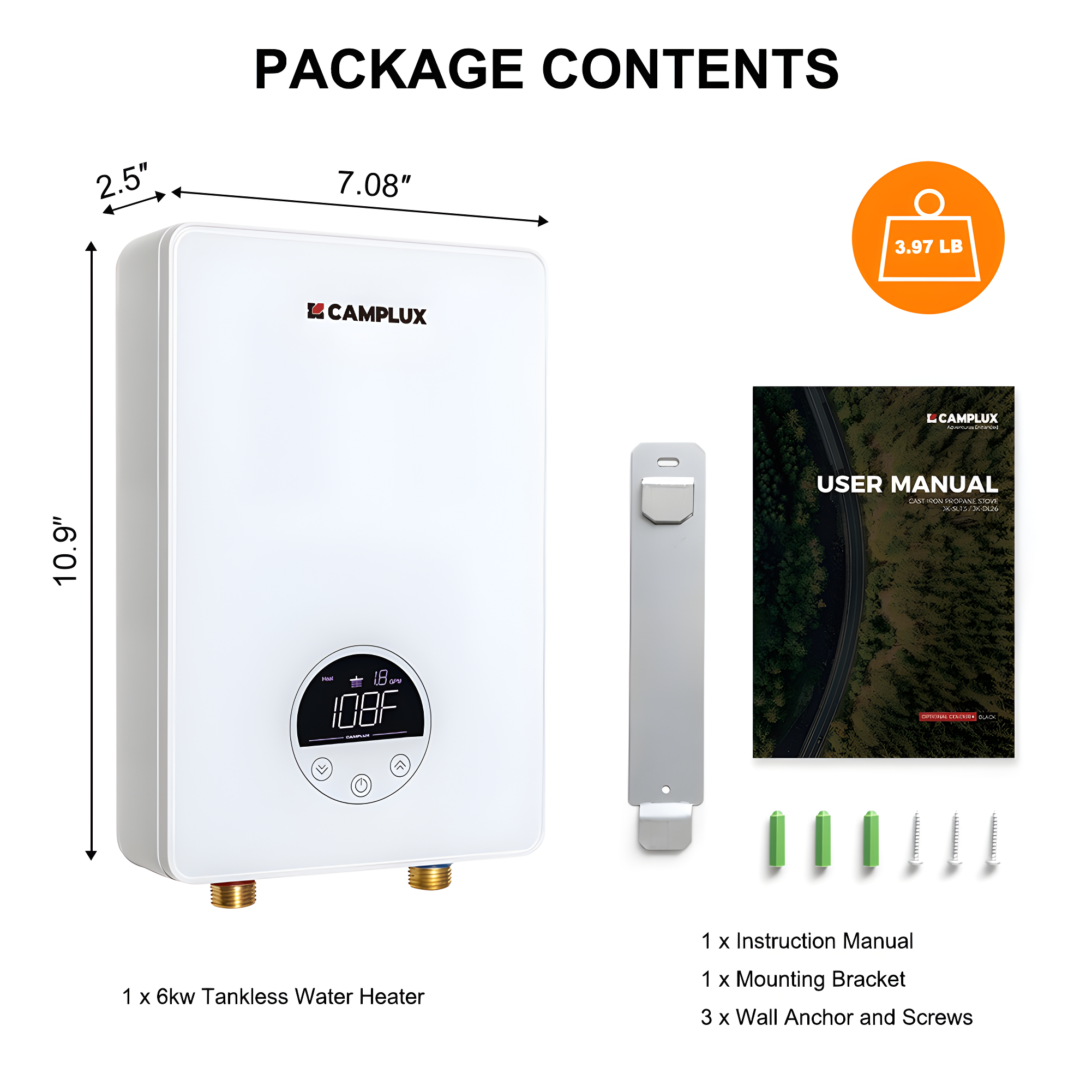 CAMPLUX 1.8 GPM Tankless Electric Water Heater, 6kW 240V, TE06Pro, White