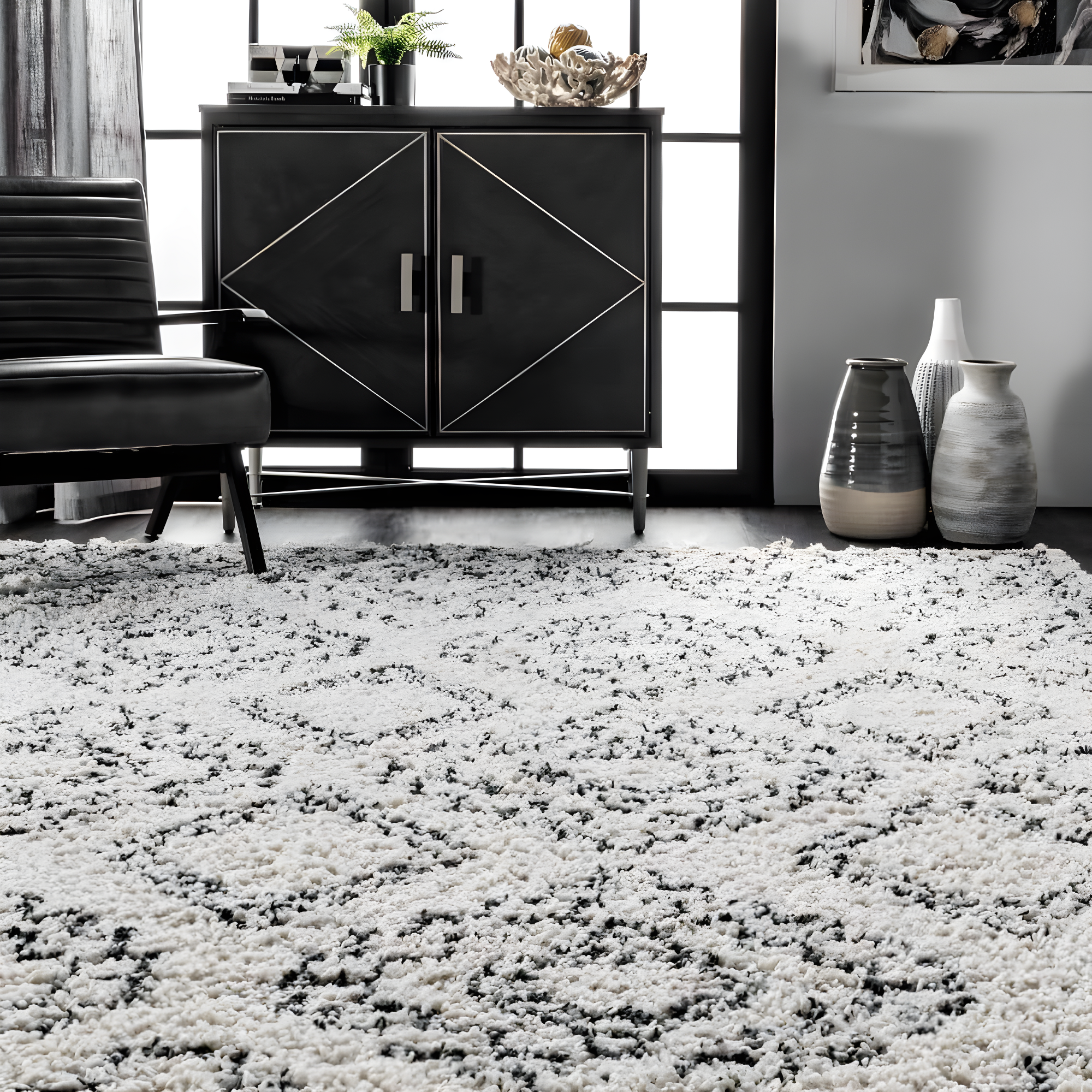 Nuloom Vasiliki Geometric 4x6 Shag Indoor Area Rug for Living Room Bedroom Dining Room Nursery, Off White/Charcoal