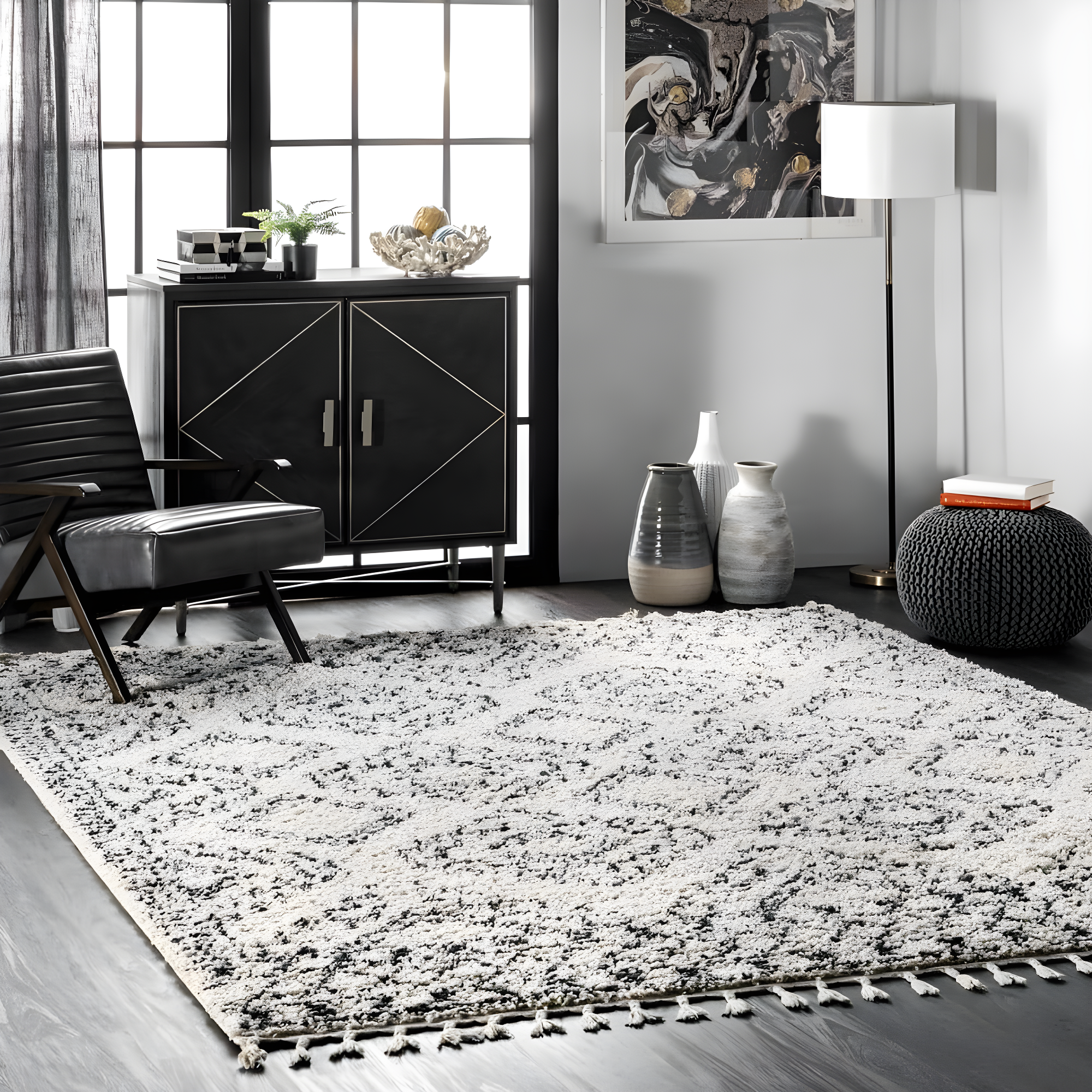 Nuloom Vasiliki Geometric 4x6 Shag Indoor Area Rug for Living Room Bedroom Dining Room Nursery, Off White/Charcoal