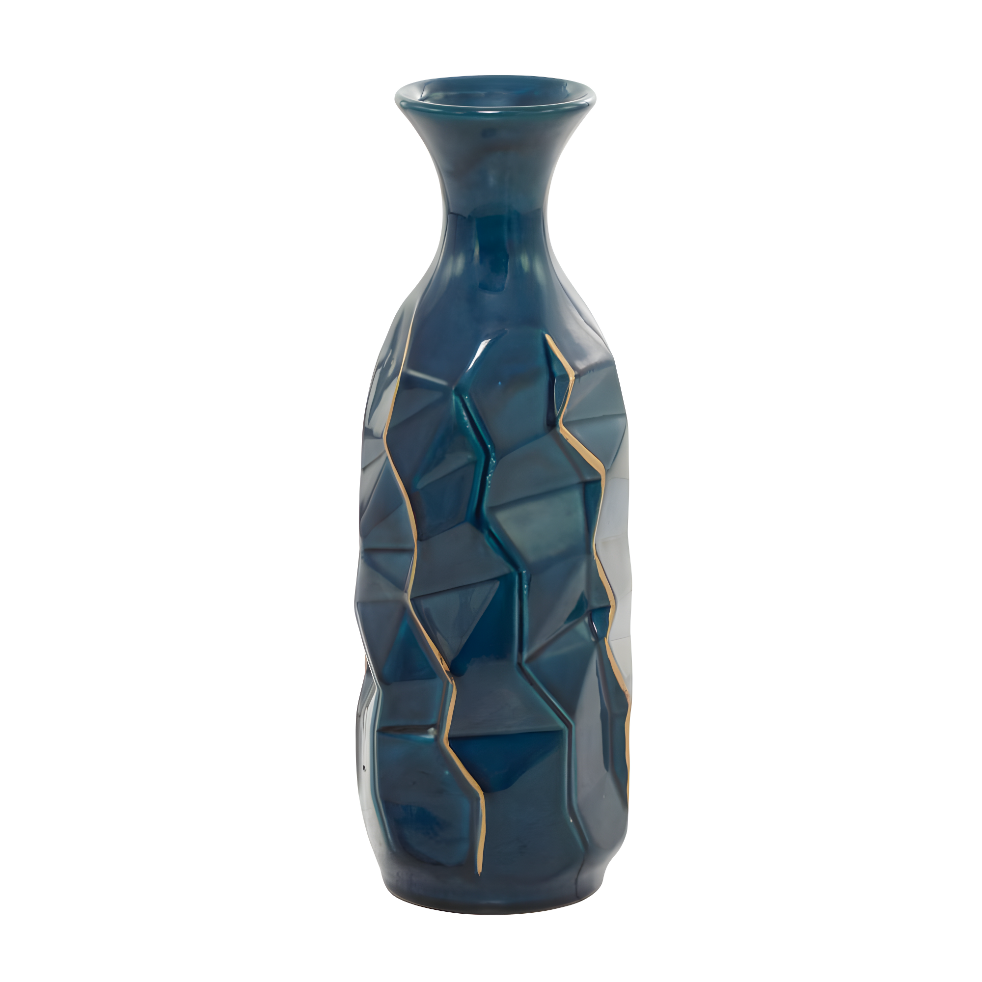DecMode Blue Ceramic Modern and Coastal Vase 5"W x 15"H, featuring Minimalist Design with clean Lines and Angular Structures