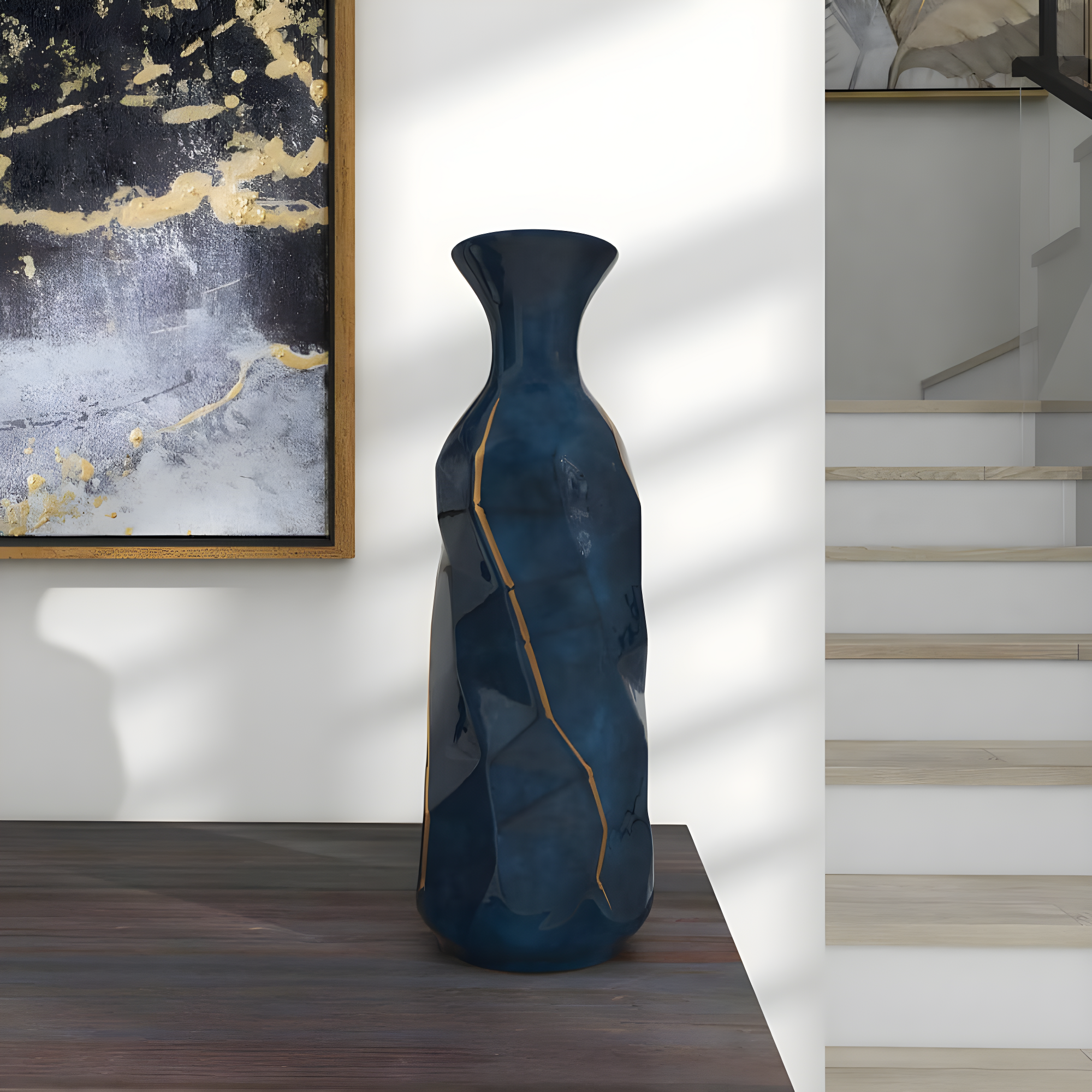 DecMode Blue Ceramic Modern and Coastal Vase 5"W x 15"H, featuring Minimalist Design with clean Lines and Angular Structures