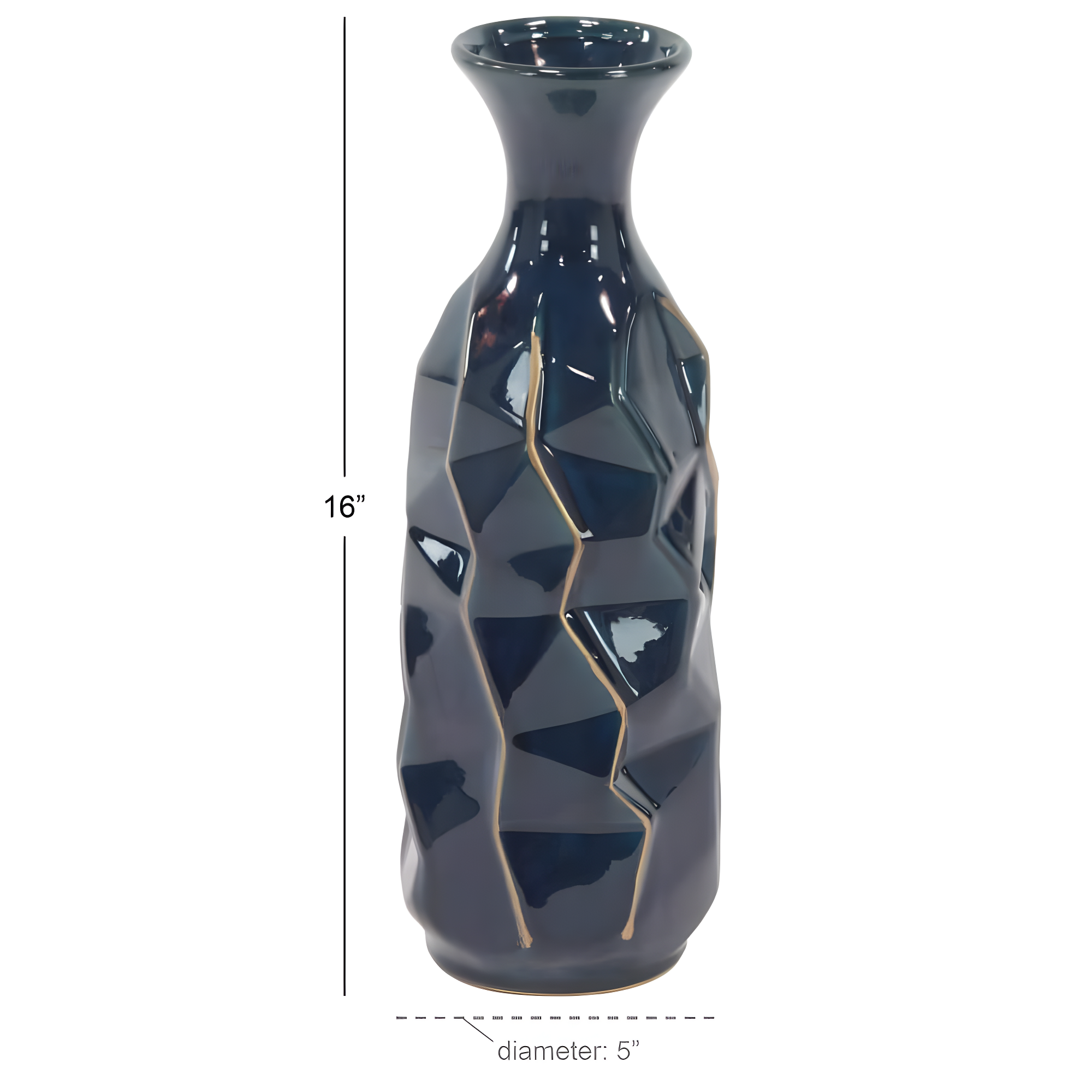 DecMode Blue Ceramic Modern and Coastal Vase 5"W x 15"H, featuring Minimalist Design with clean Lines and Angular Structures