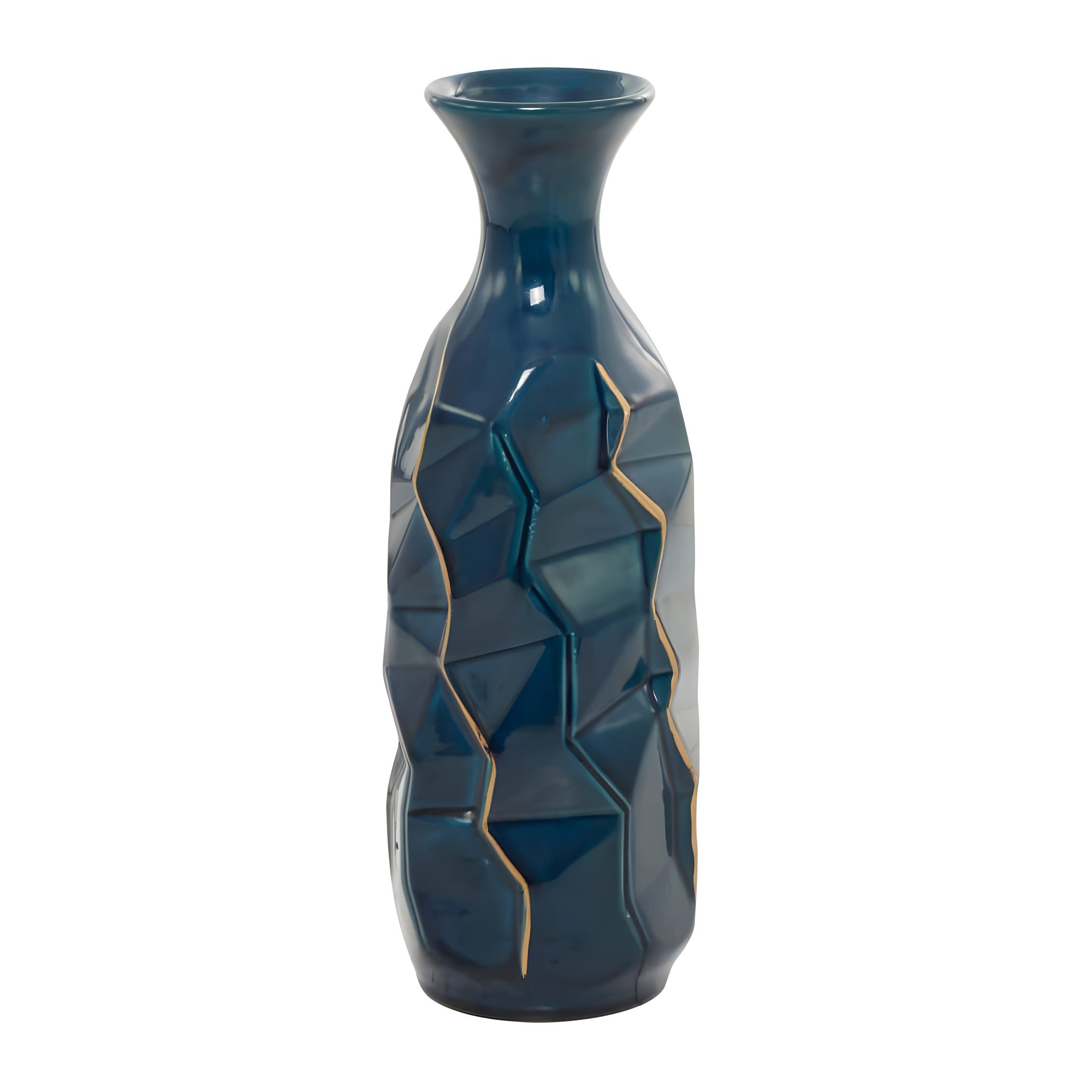 DecMode Blue Ceramic Modern and Coastal Vase 5"W x 15"H, featuring Minimalist Design with clean Lines and Angular Structures