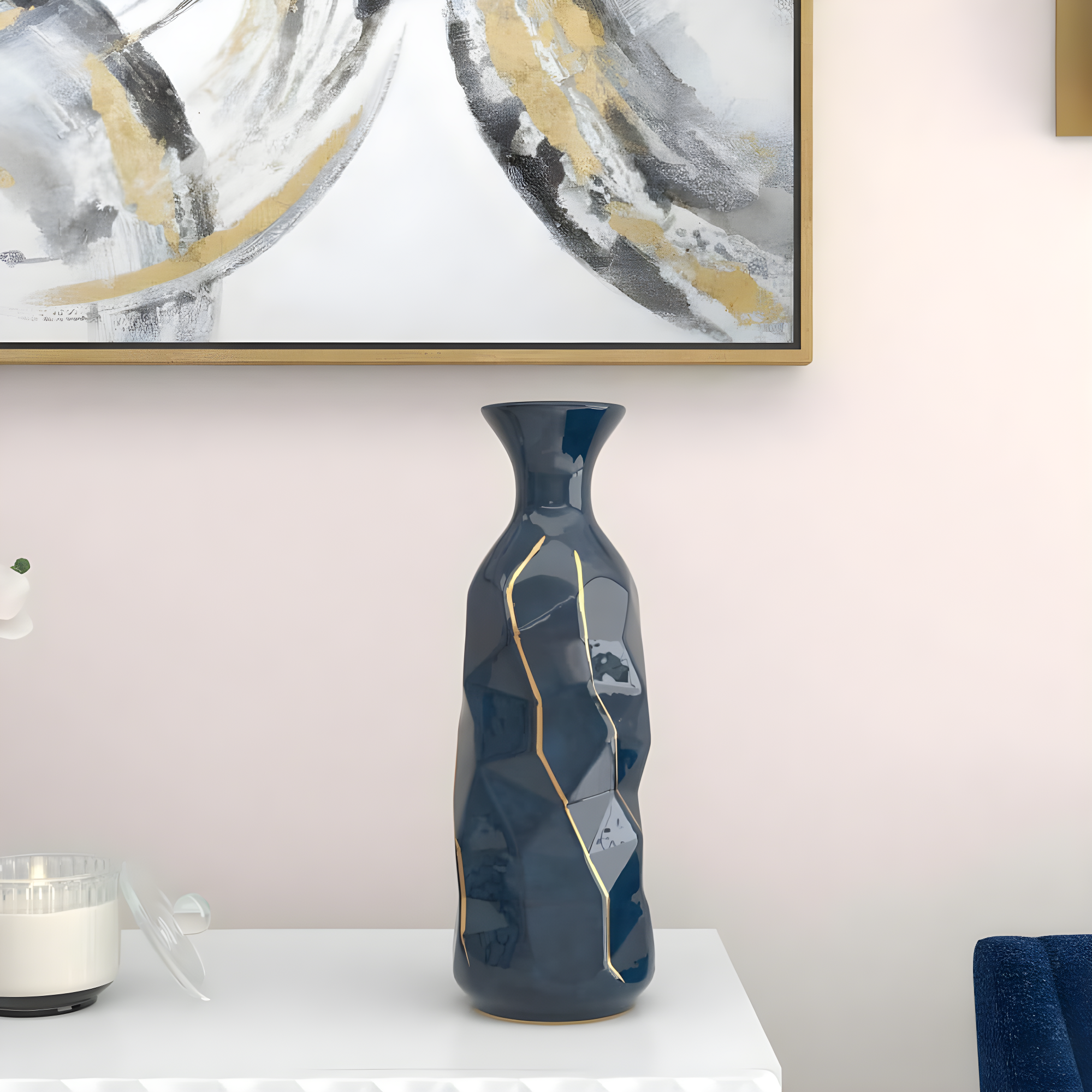 DecMode Blue Ceramic Modern and Coastal Vase 5"W x 15"H, featuring Minimalist Design with clean Lines and Angular Structures