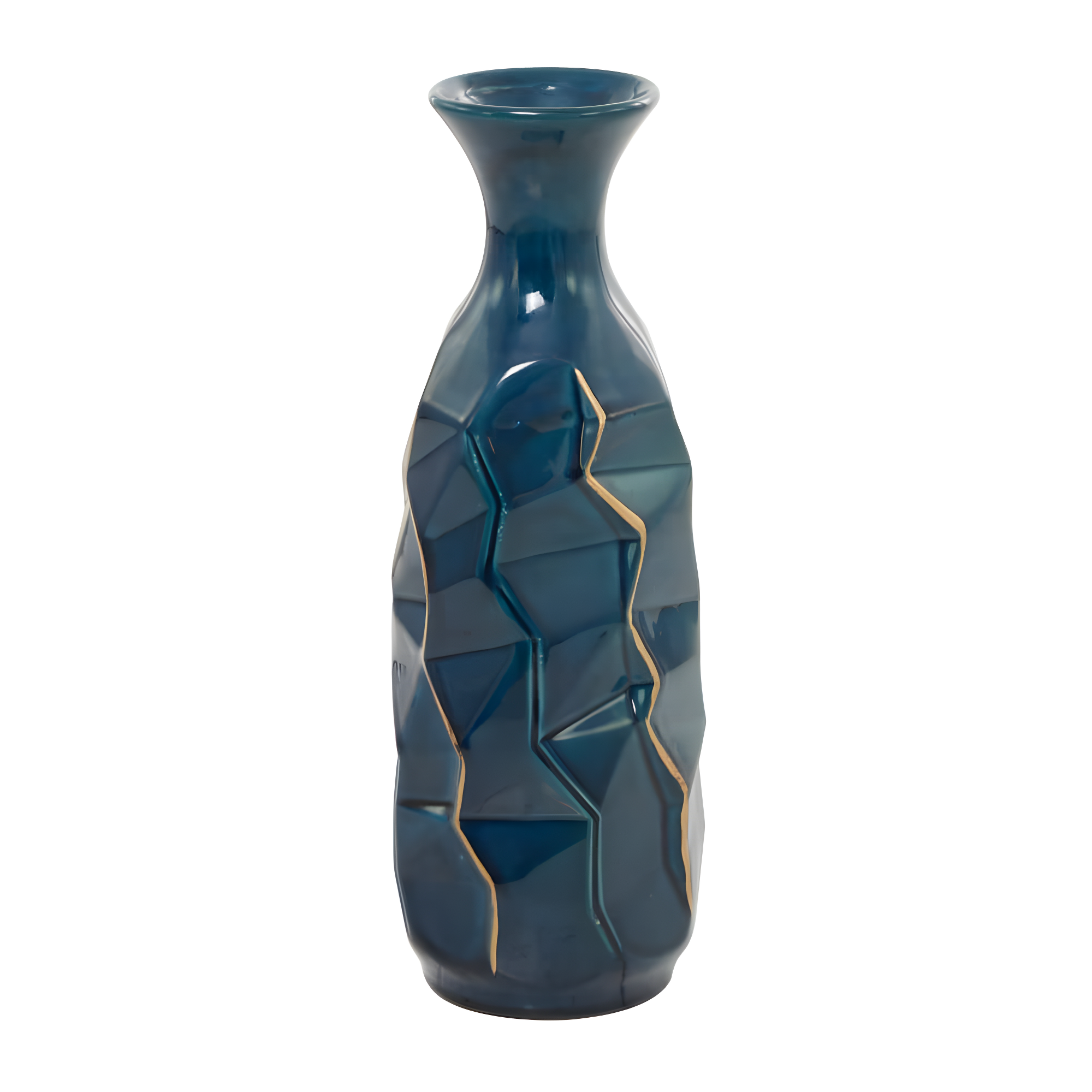 DecMode Blue Ceramic Modern and Coastal Vase 5"W x 15"H, featuring Minimalist Design with clean Lines and Angular Structures