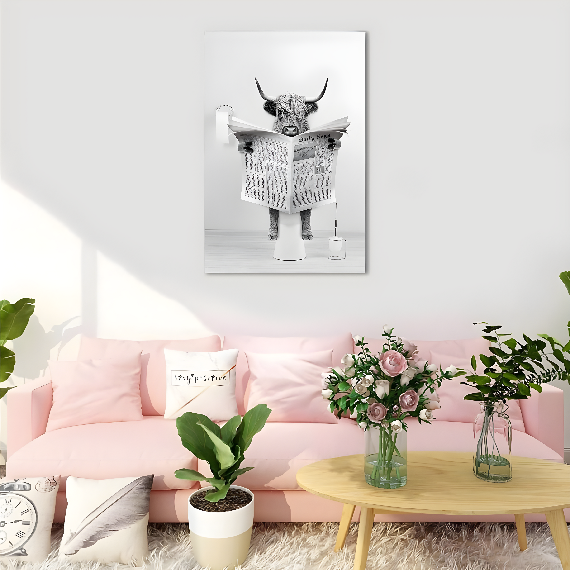 Modern Black Framed Highland Cow Wall Art Minimalist Bathroom Wall Decor Cute Funny Animals Artwork Canvas Prints Ready to Hang for Guest Bathroom, Hotel, Condo, Kids Bathroom, 12”x16”