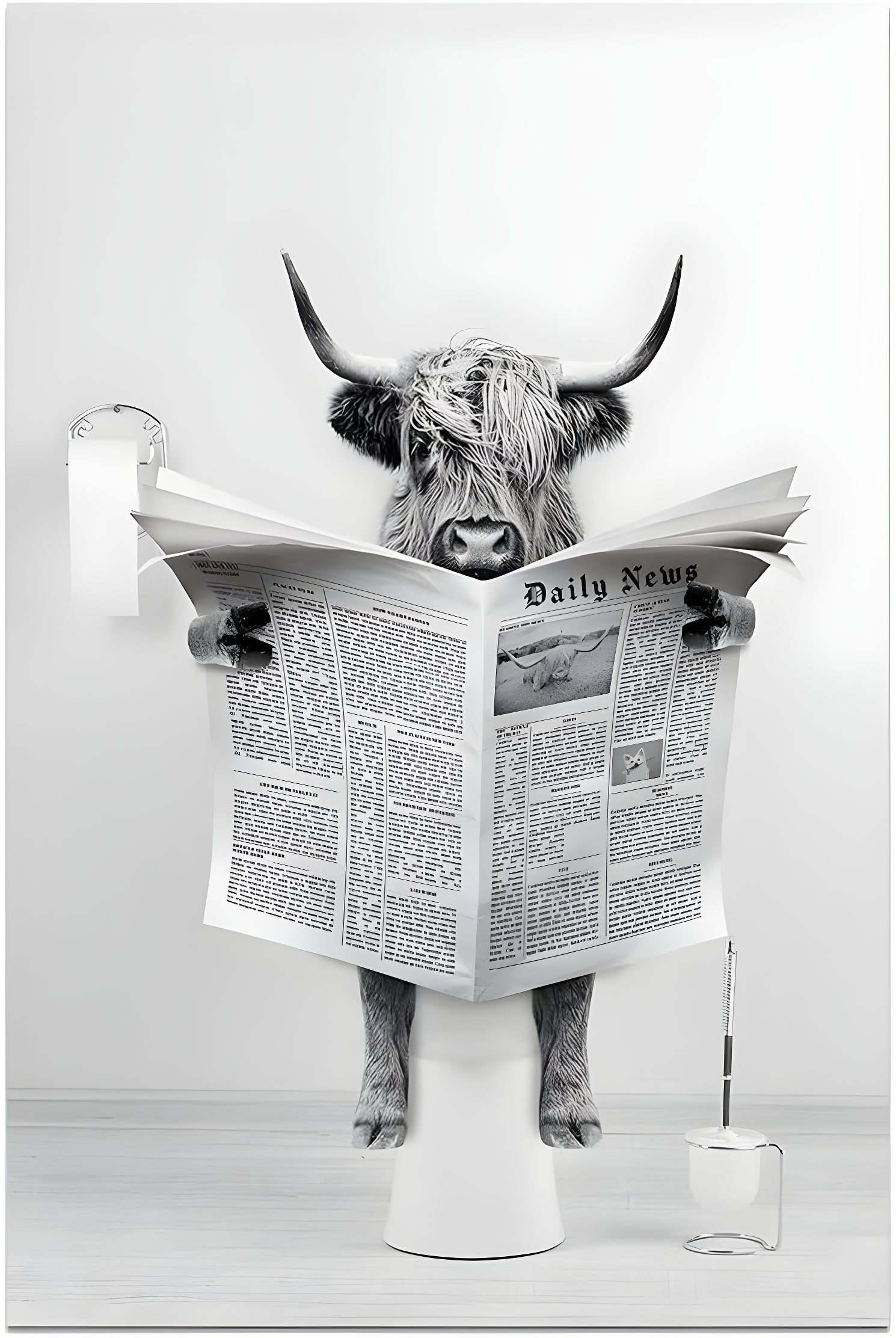 Modern Black Framed Highland Cow Wall Art Minimalist Bathroom Wall Decor Cute Funny Animals Artwork Canvas Prints Ready to Hang for Guest Bathroom, Hotel, Condo, Kids Bathroom, 12”x16”