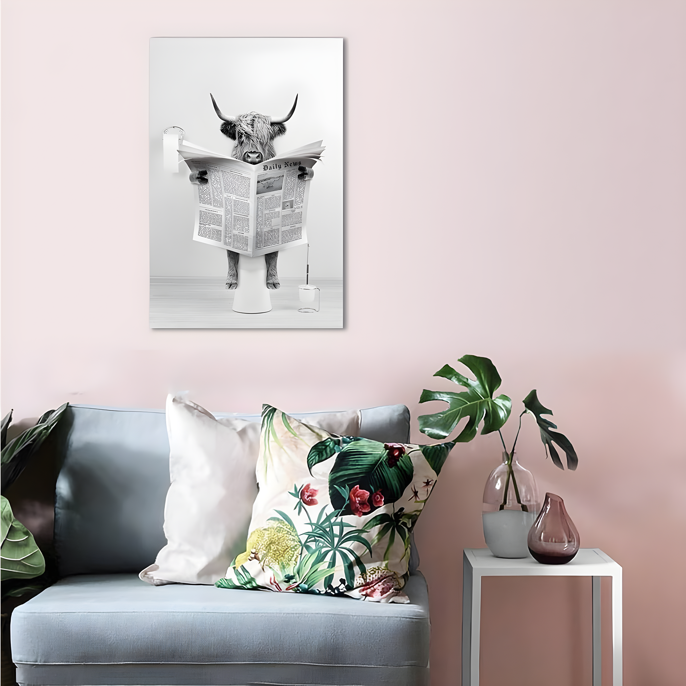 Modern Black Framed Highland Cow Wall Art Minimalist Bathroom Wall Decor Cute Funny Animals Artwork Canvas Prints Ready to Hang for Guest Bathroom, Hotel, Condo, Kids Bathroom, 12”x16”