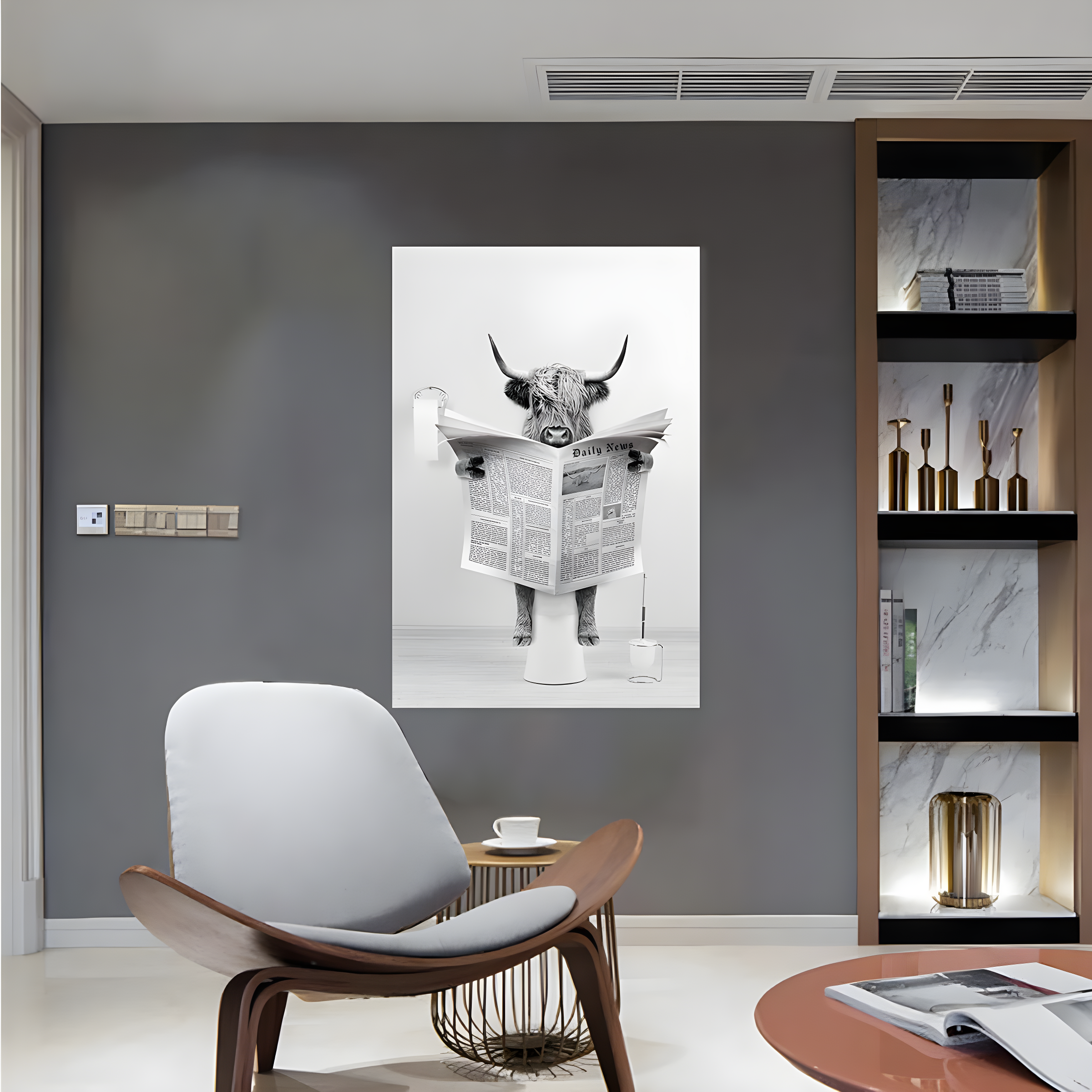 Modern Black Framed Highland Cow Wall Art Minimalist Bathroom Wall Decor Cute Funny Animals Artwork Canvas Prints Ready to Hang for Guest Bathroom, Hotel, Condo, Kids Bathroom, 12”x16”