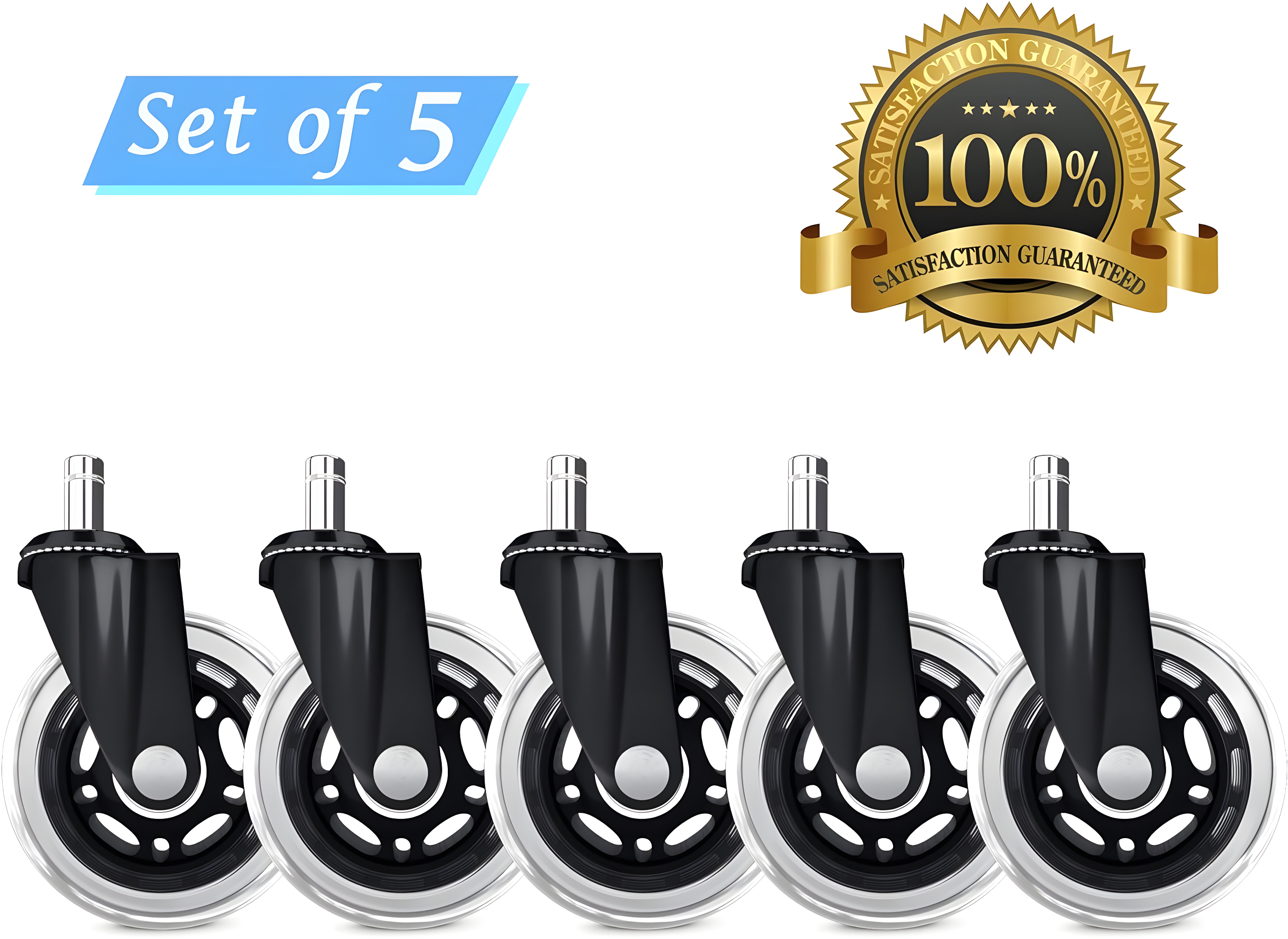 Office Chair Caster Wheels Set of 5 Heavy Duty & Safe for All Floors Including Hardwood 3" Rubber Replacement for Desk Floor Mats