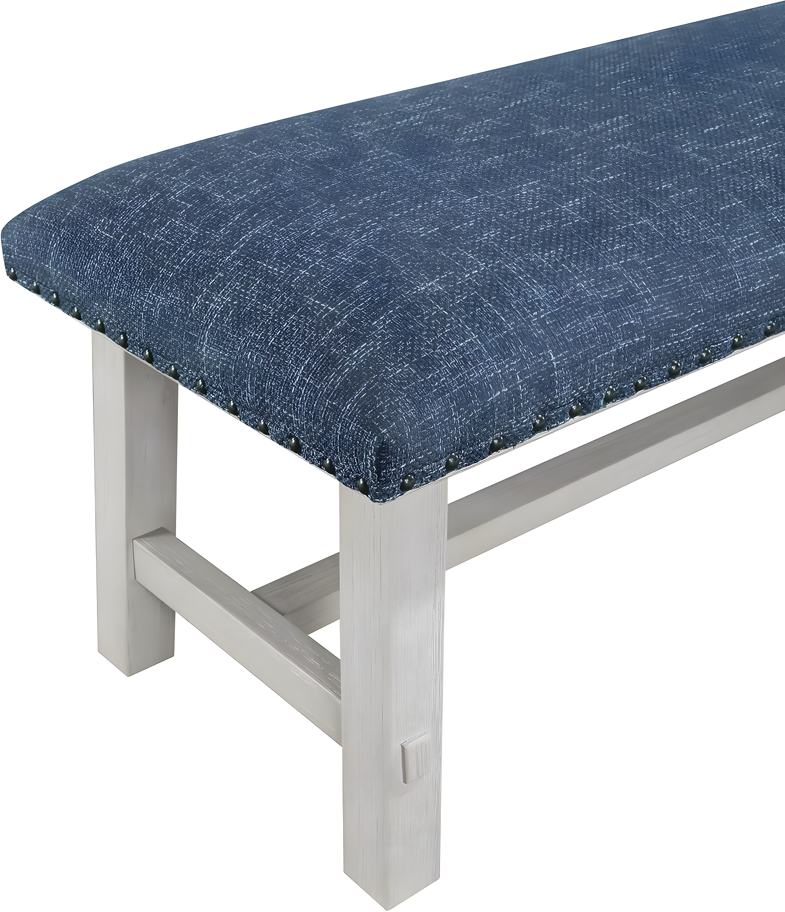 Callen Bench with White Wash Frame and Bronze Nailhead Trim in Navy Fabric